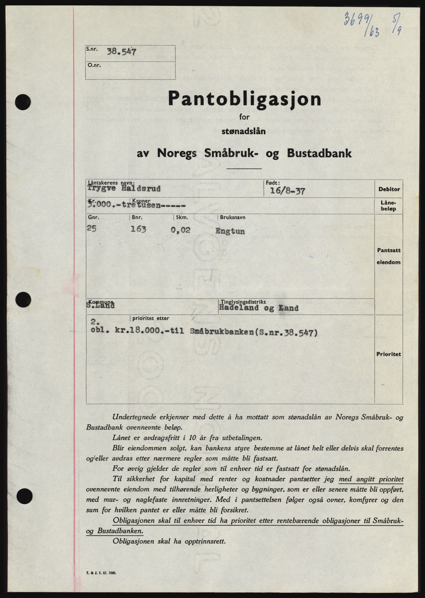 Hadeland og Land tingrett, SAH/TING-010/H/Hb/Hbc/L0052: Pantebok nr. B52, 1963-1963, Dagboknr: 3699/1963