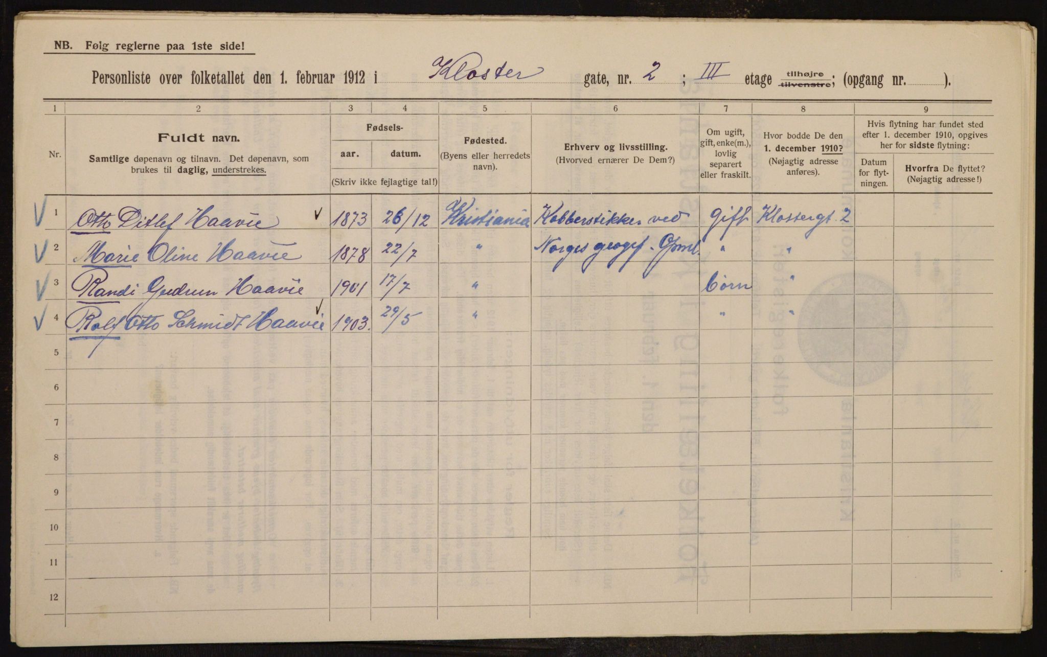 OBA, Kommunal folketelling 1.2.1912 for Kristiania, 1912, s. 52312