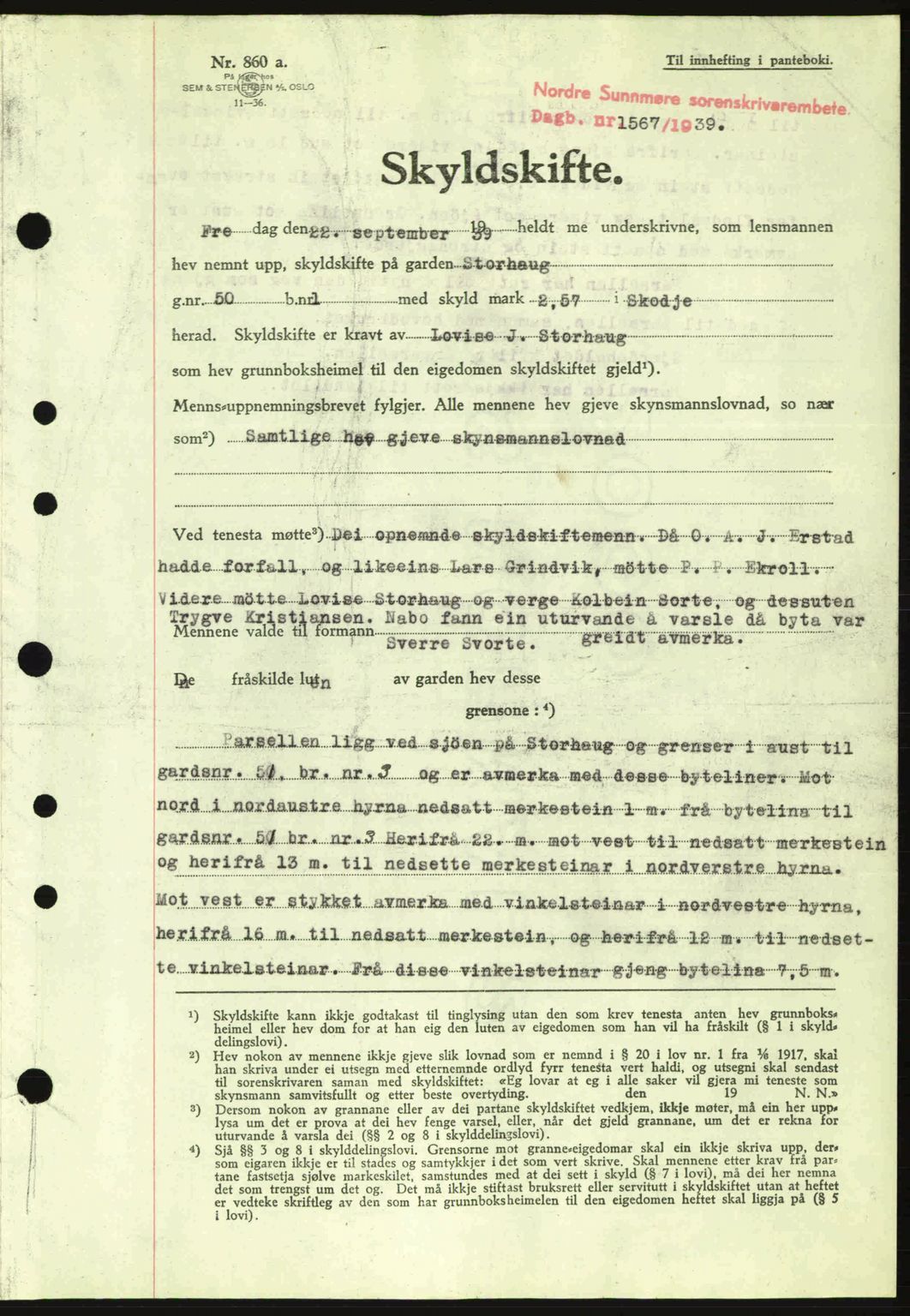Nordre Sunnmøre sorenskriveri, SAT/A-0006/1/2/2C/2Ca: Pantebok nr. A7, 1939-1939, Dagboknr: 1567/1939