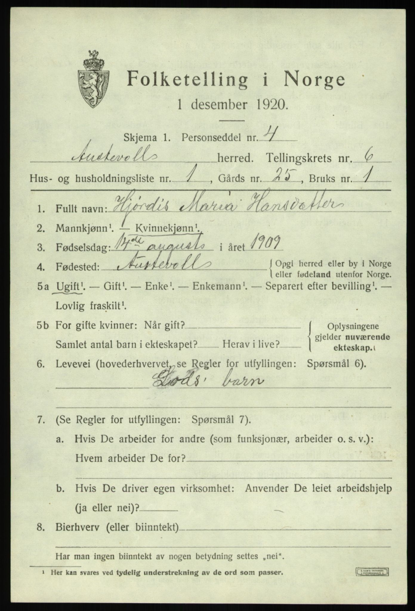 SAB, Folketelling 1920 for 1244 Austevoll herred, 1920, s. 3160