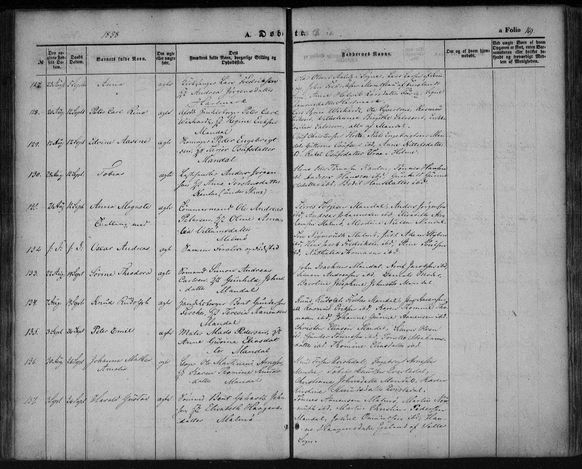 Mandal sokneprestkontor, AV/SAK-1111-0030/F/Fa/Faa/L0013: Ministerialbok nr. A 13, 1847-1859, s. 169