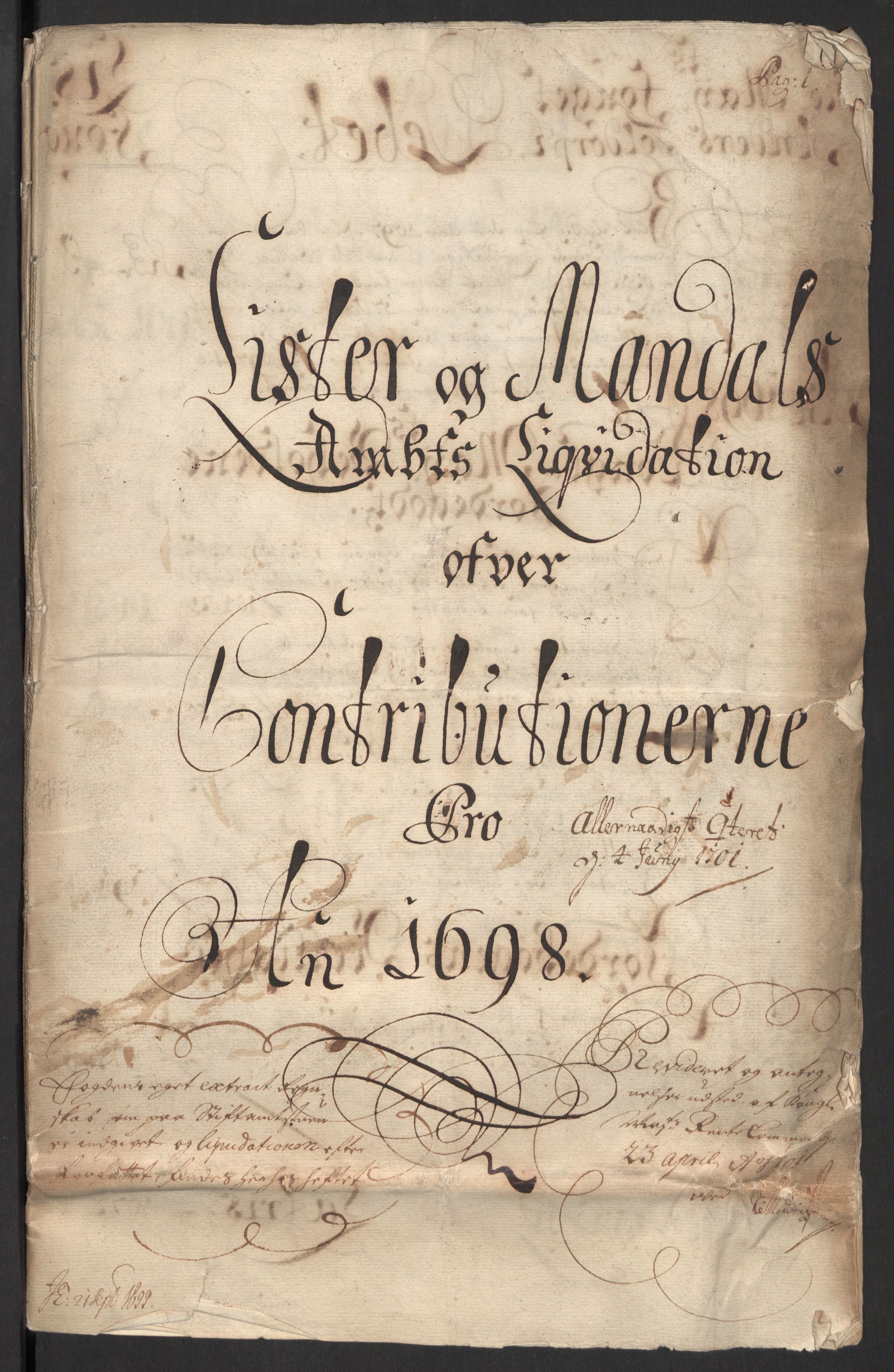 Rentekammeret inntil 1814, Reviderte regnskaper, Fogderegnskap, RA/EA-4092/R43/L2547: Fogderegnskap Lista og Mandal, 1698-1699, s. 3