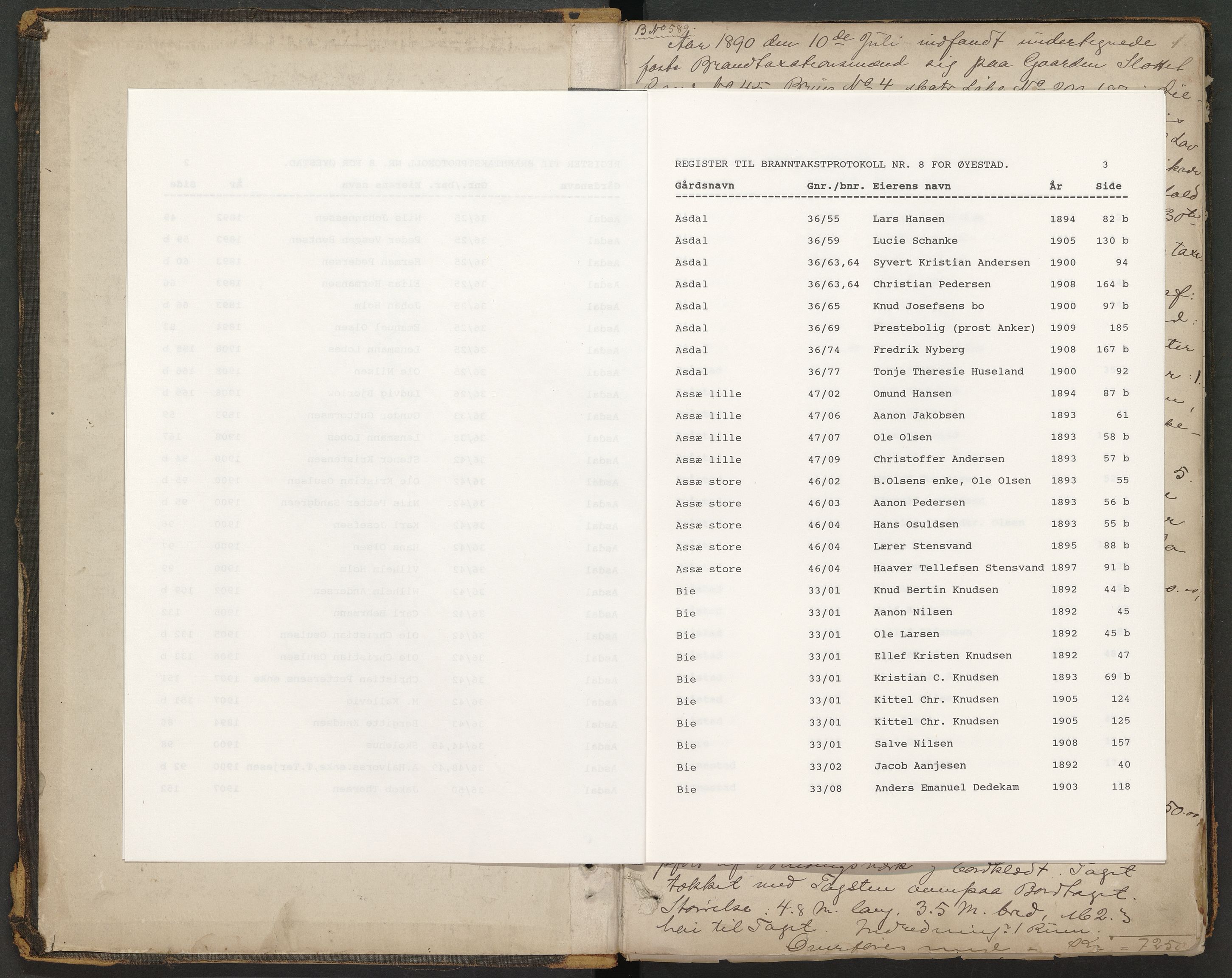 Norges Brannkasse Øyestad, AV/SAK-2241-0059/F/Fa/L0008: Branntakstprotokoll nr. 8 med gårdsnavnregister, 1890-1912