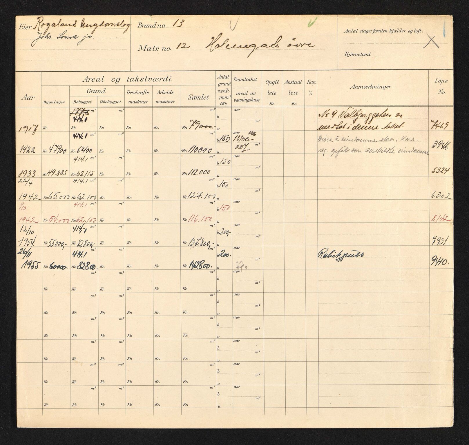 Stavanger kommune. Skattetakstvesenet, BYST/A-0440/F/Fa/Faa/L0046/0008: Skattetakstkort / Øvre Holmegate 12 - Øvre Kleivegate 14