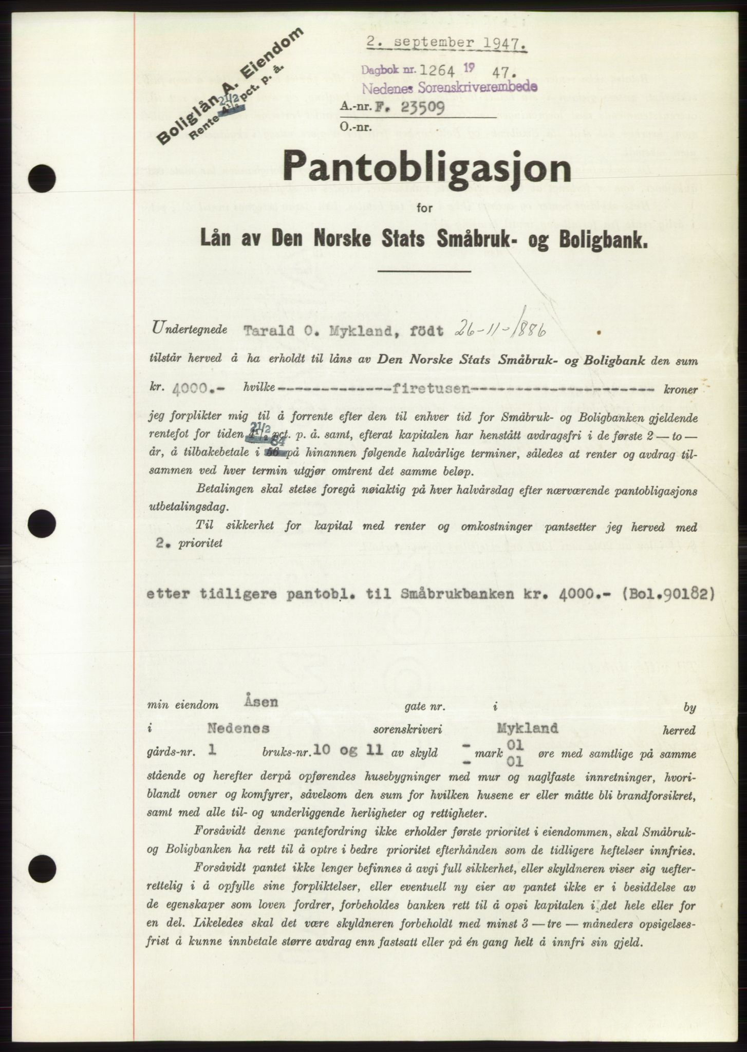 Nedenes sorenskriveri, SAK/1221-0006/G/Gb/Gbb/L0004: Pantebok nr. B4, 1947-1947, Dagboknr: 1264/1947
