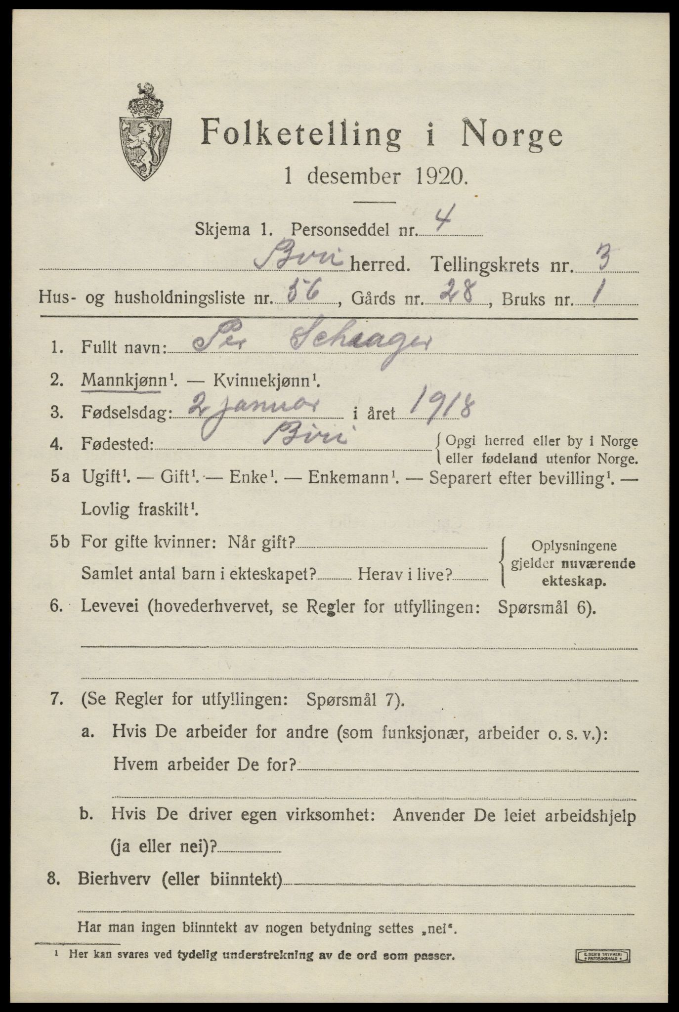 SAH, Folketelling 1920 for 0525 Biri herred, 1920, s. 2907