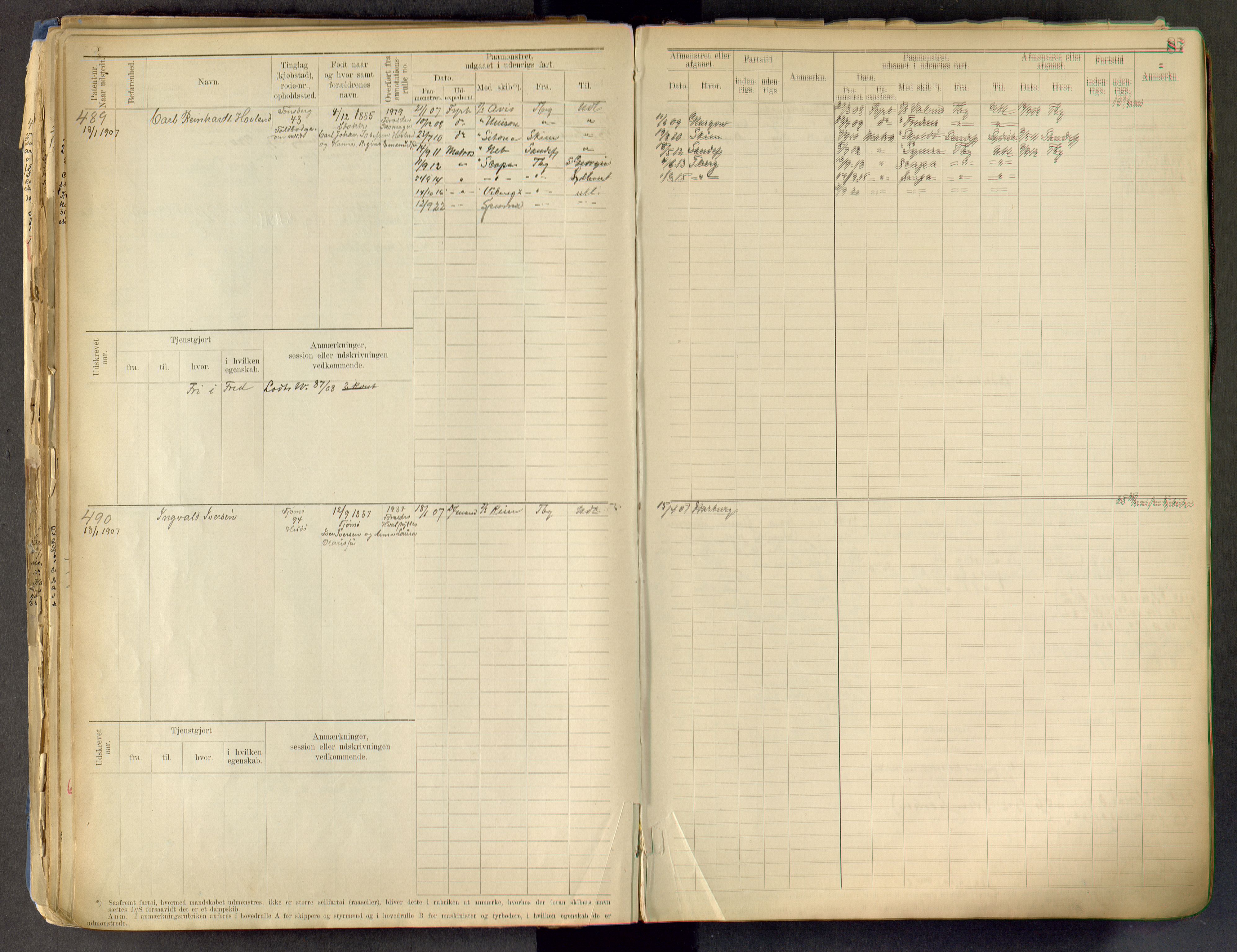 Tønsberg innrulleringskontor, SAKO/A-786/F/Fe/L0002: Maskinist- og fyrbøterrulle Patent nr. 315-1110, 1902-1924, s. 87