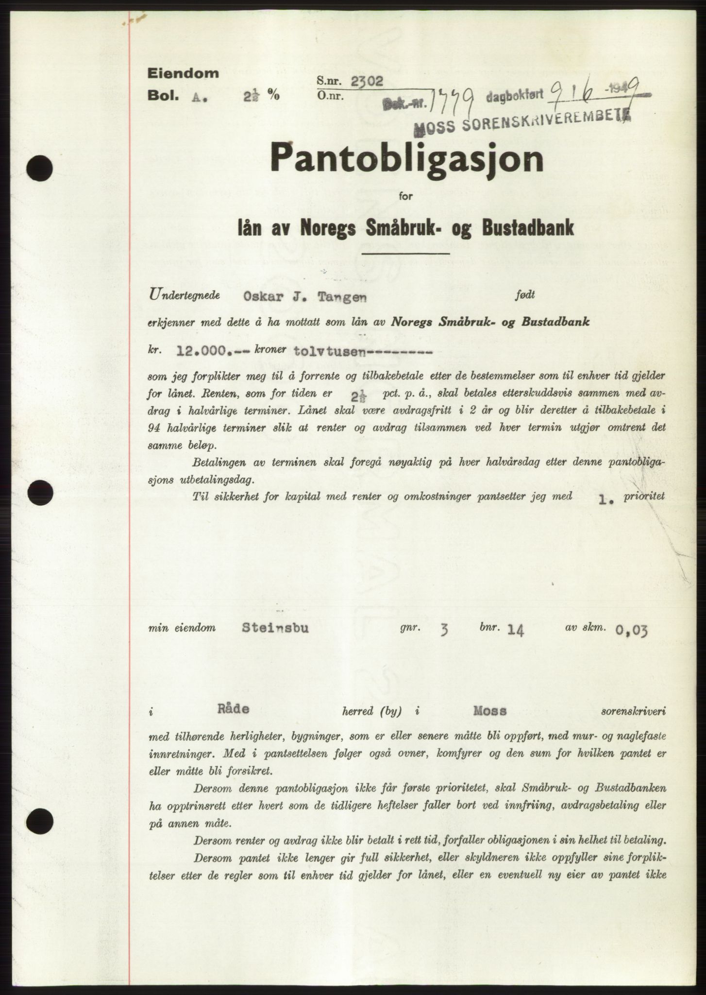 Moss sorenskriveri, SAO/A-10168: Pantebok nr. B22, 1949-1949, Dagboknr: 1779/1949