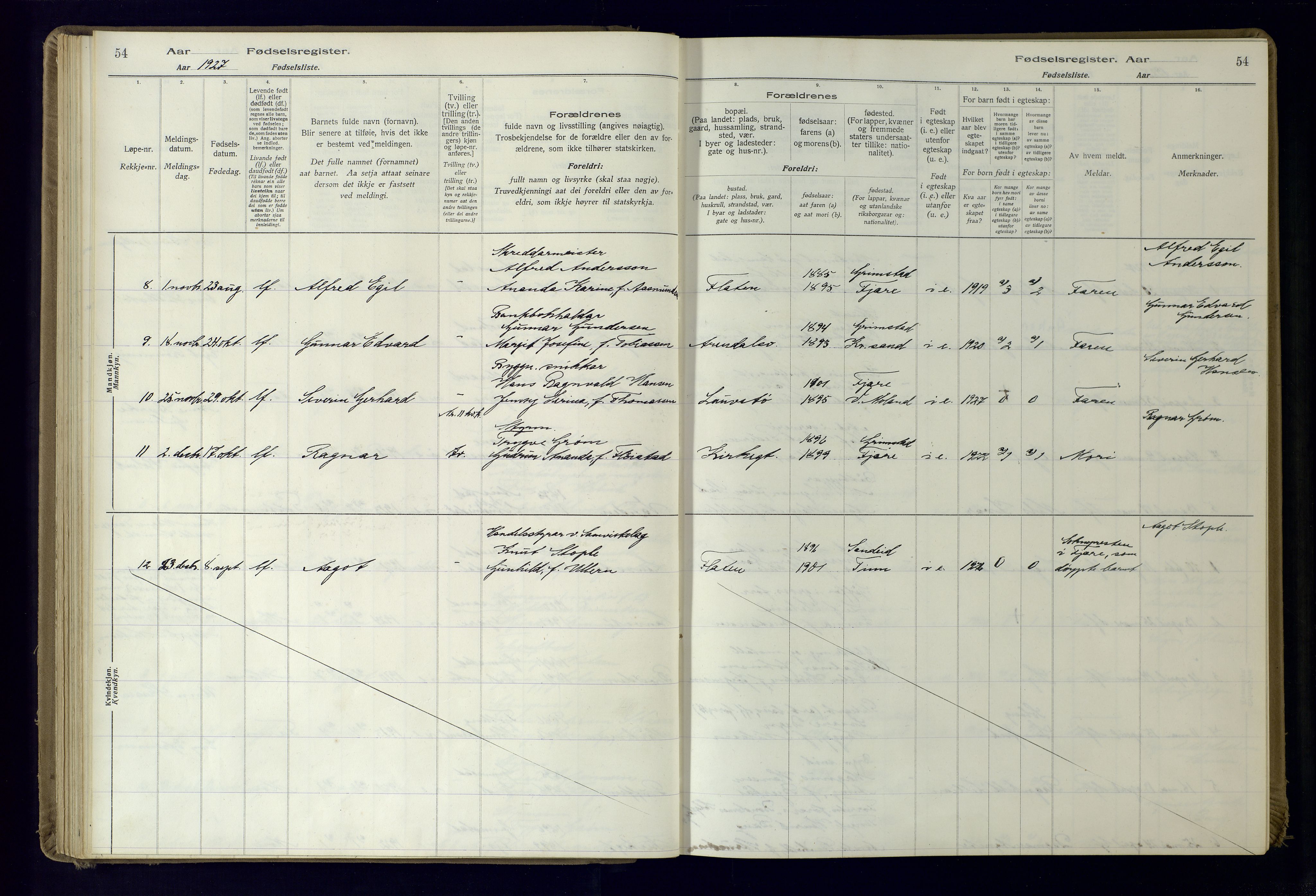 Grimstad sokneprestkontor, AV/SAK-1111-0017/J/Ja/L0001: Fødselsregister nr. 1, 1916-1960, s. 54