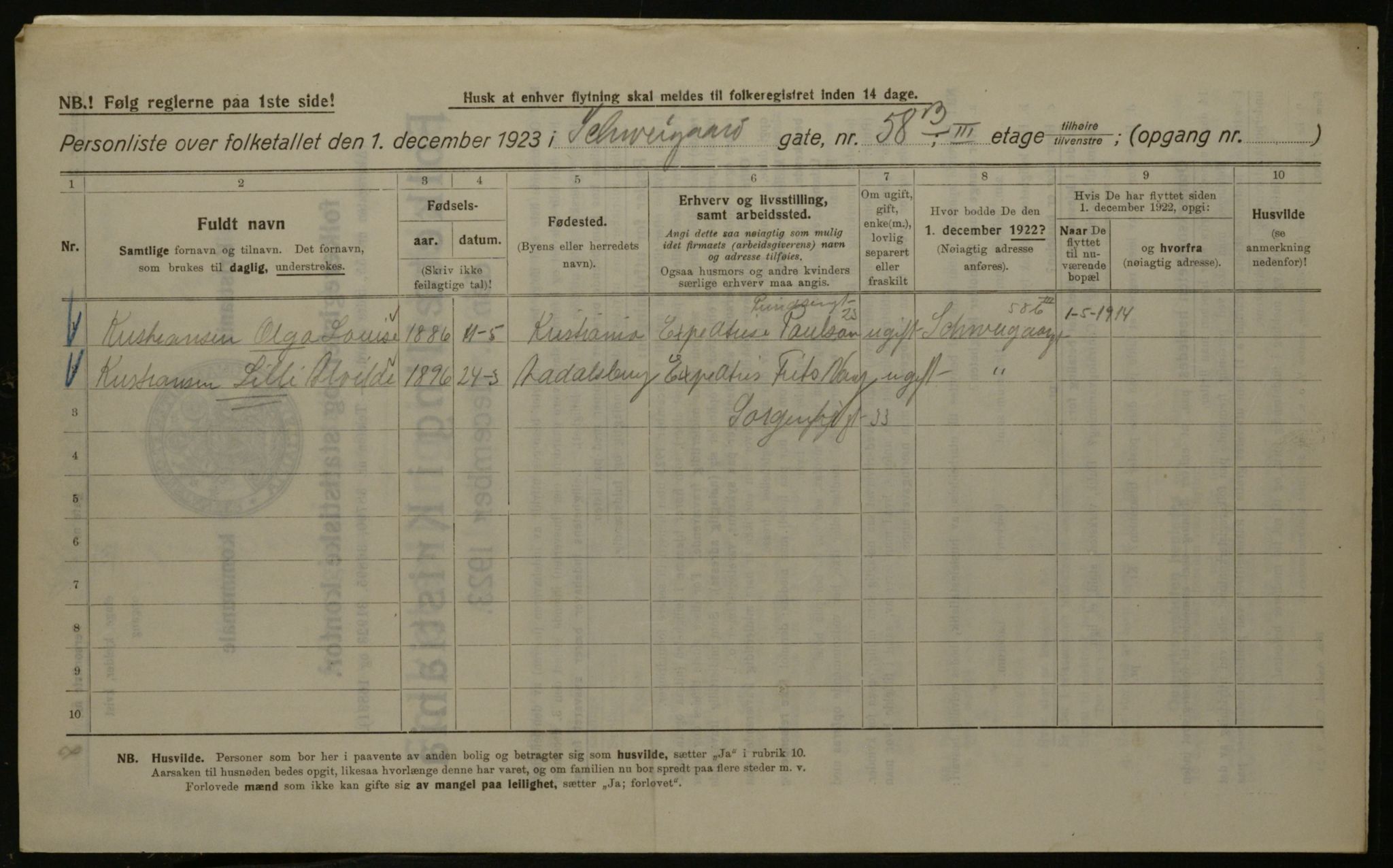 OBA, Kommunal folketelling 1.12.1923 for Kristiania, 1923, s. 101284