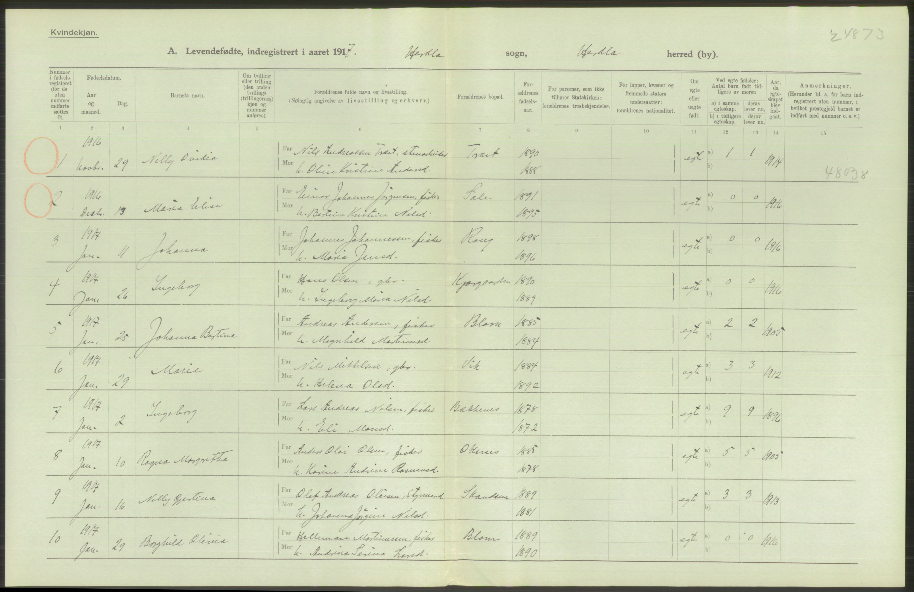 Statistisk sentralbyrå, Sosiodemografiske emner, Befolkning, AV/RA-S-2228/D/Df/Dfb/Dfbg/L0034: S. Bergenhus amt: Levendefødte menn og kvinner. Bygder., 1917, s. 128