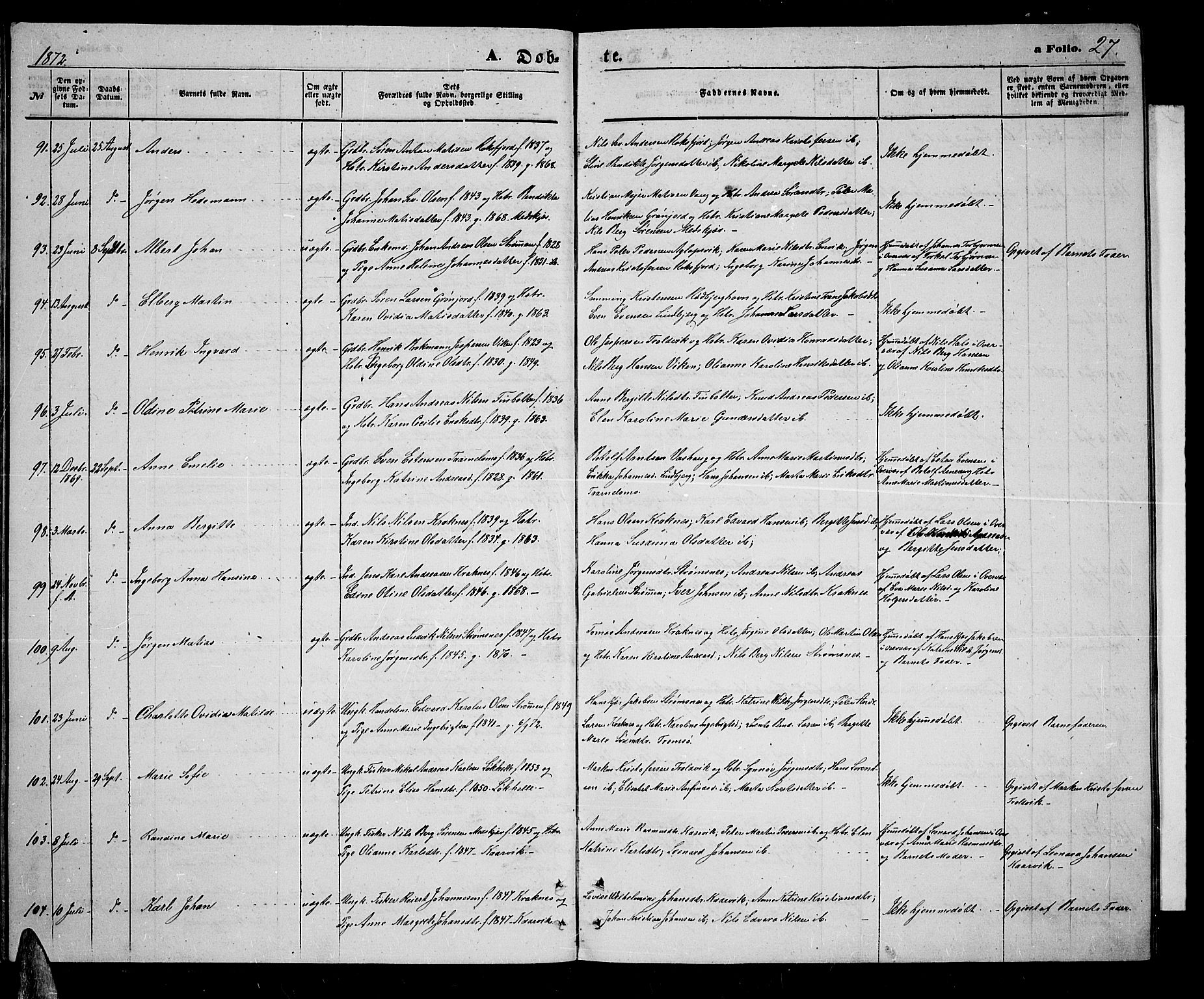 Lenvik sokneprestembete, AV/SATØ-S-1310/H/Ha/Hab/L0005klokker: Klokkerbok nr. 5, 1870-1880, s. 27
