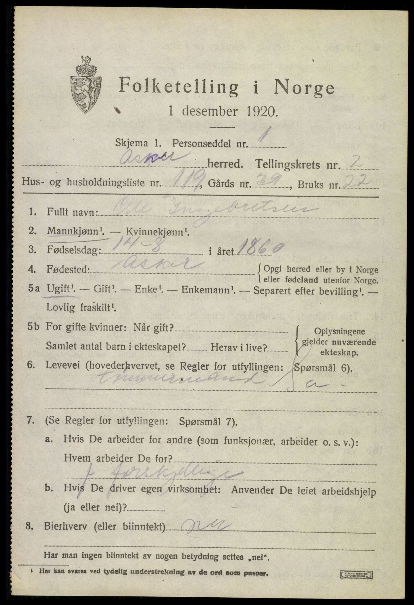 SAO, Folketelling 1920 for 0220 Asker herred, 1920, s. 7186
