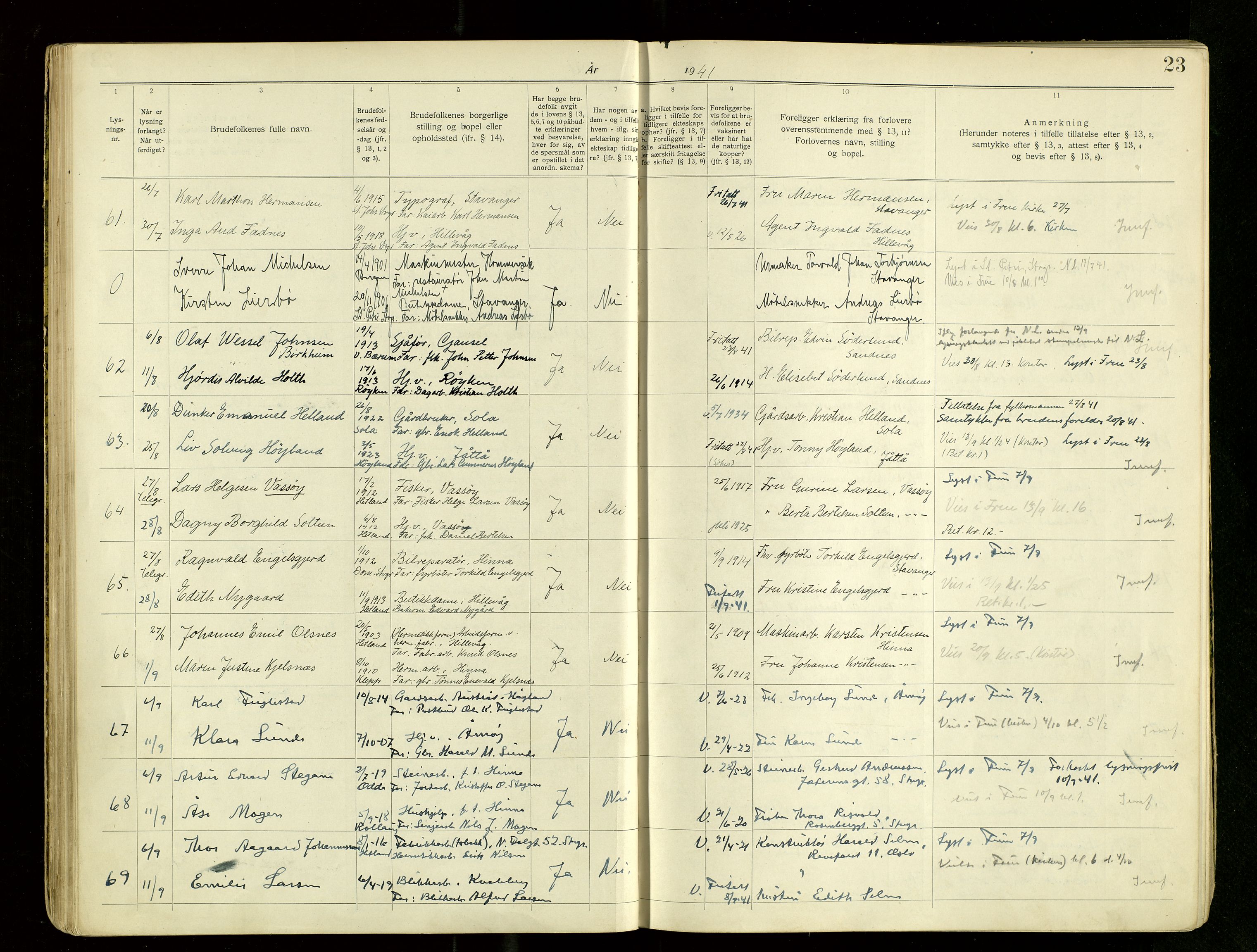 Hetland sokneprestkontor, AV/SAST-A-101826/70/705BA/L0007: Lysningsprotokoll nr. 7, 1939-1951, s. 23