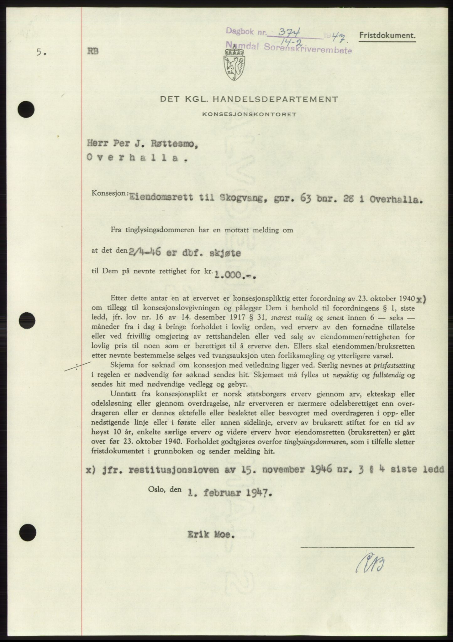 Namdal sorenskriveri, SAT/A-4133/1/2/2C: Pantebok nr. -, 1946-1947, Dagboknr: 374/1947