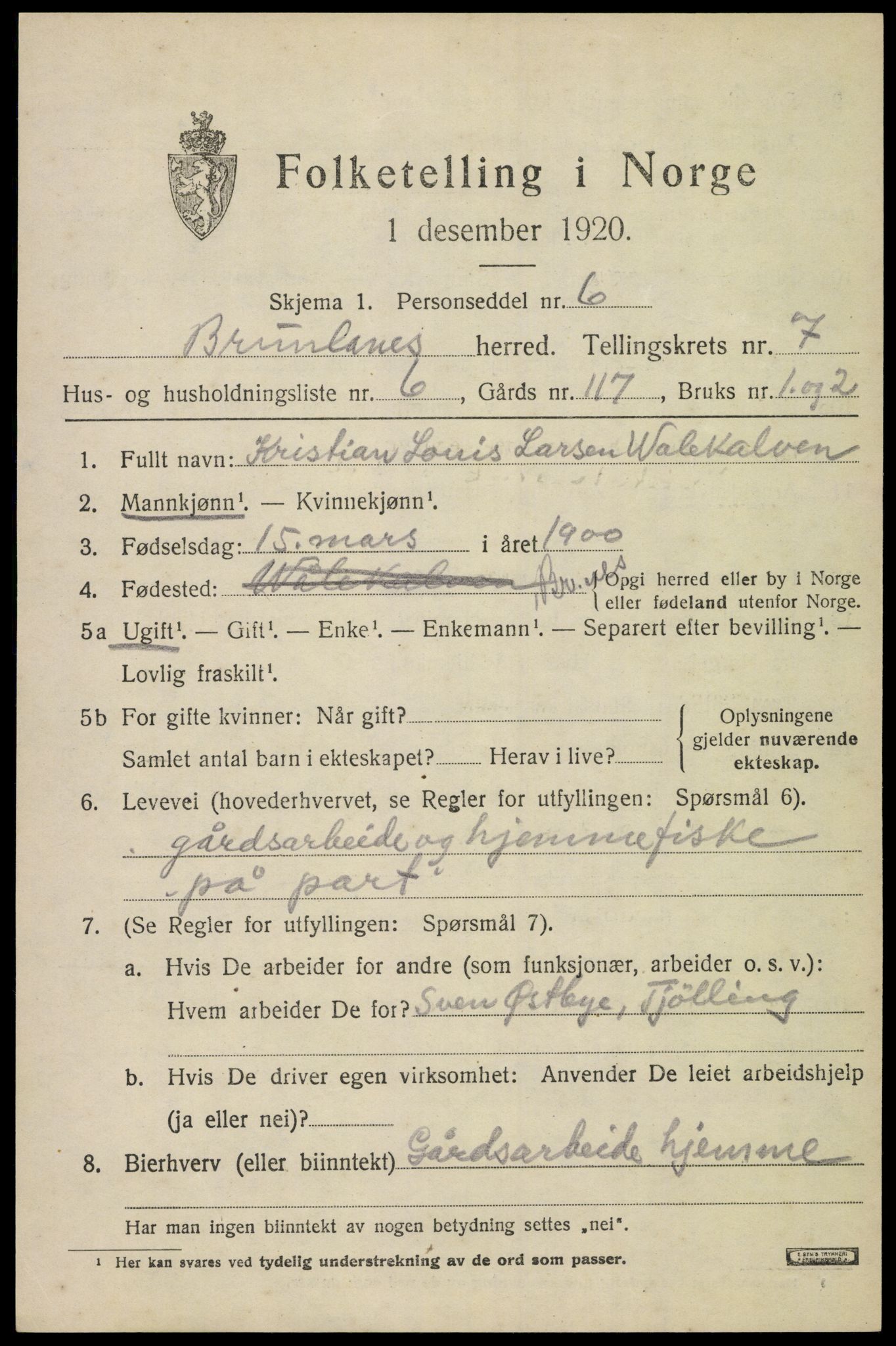SAKO, Folketelling 1920 for 0726 Brunlanes herred, 1920, s. 7145