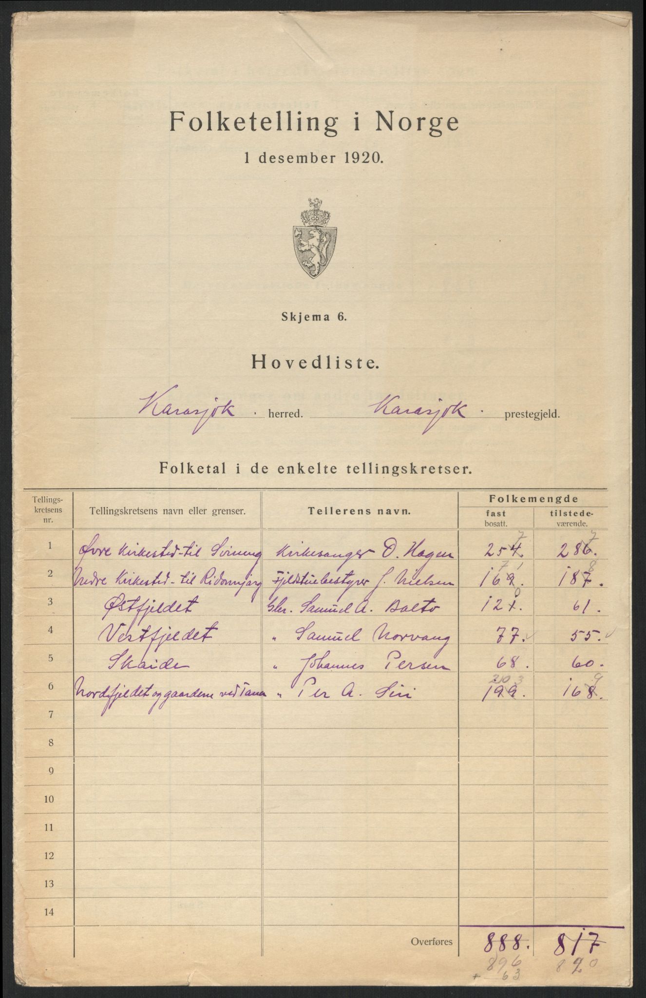 SATØ, Folketelling 1920 for 2021 Karasjok herred, 1920, s. 3