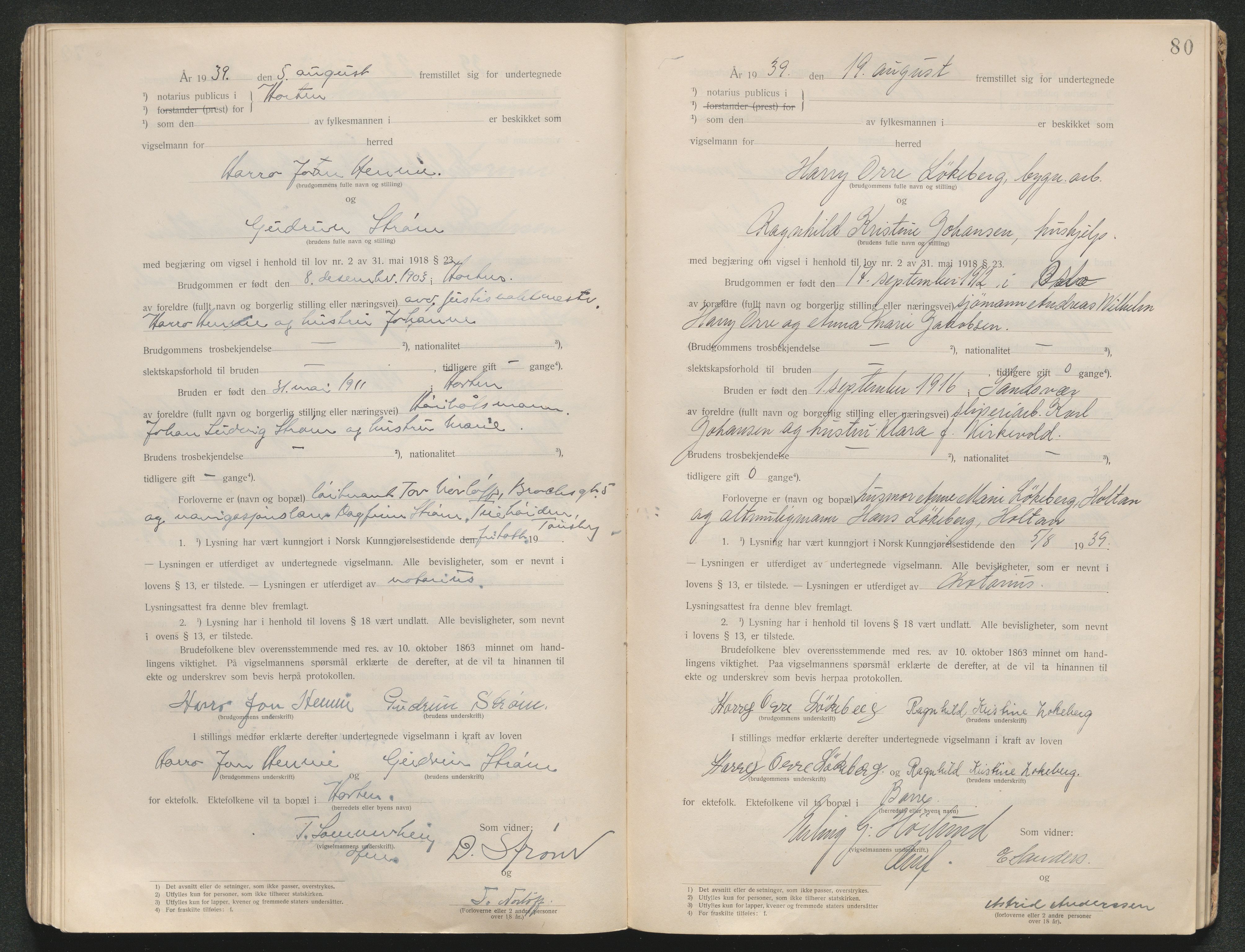 Horten sorenskriveri, AV/SAKO-A-133/L/Lc/L0001: Vigselsbok, 1920-1941, s. 82