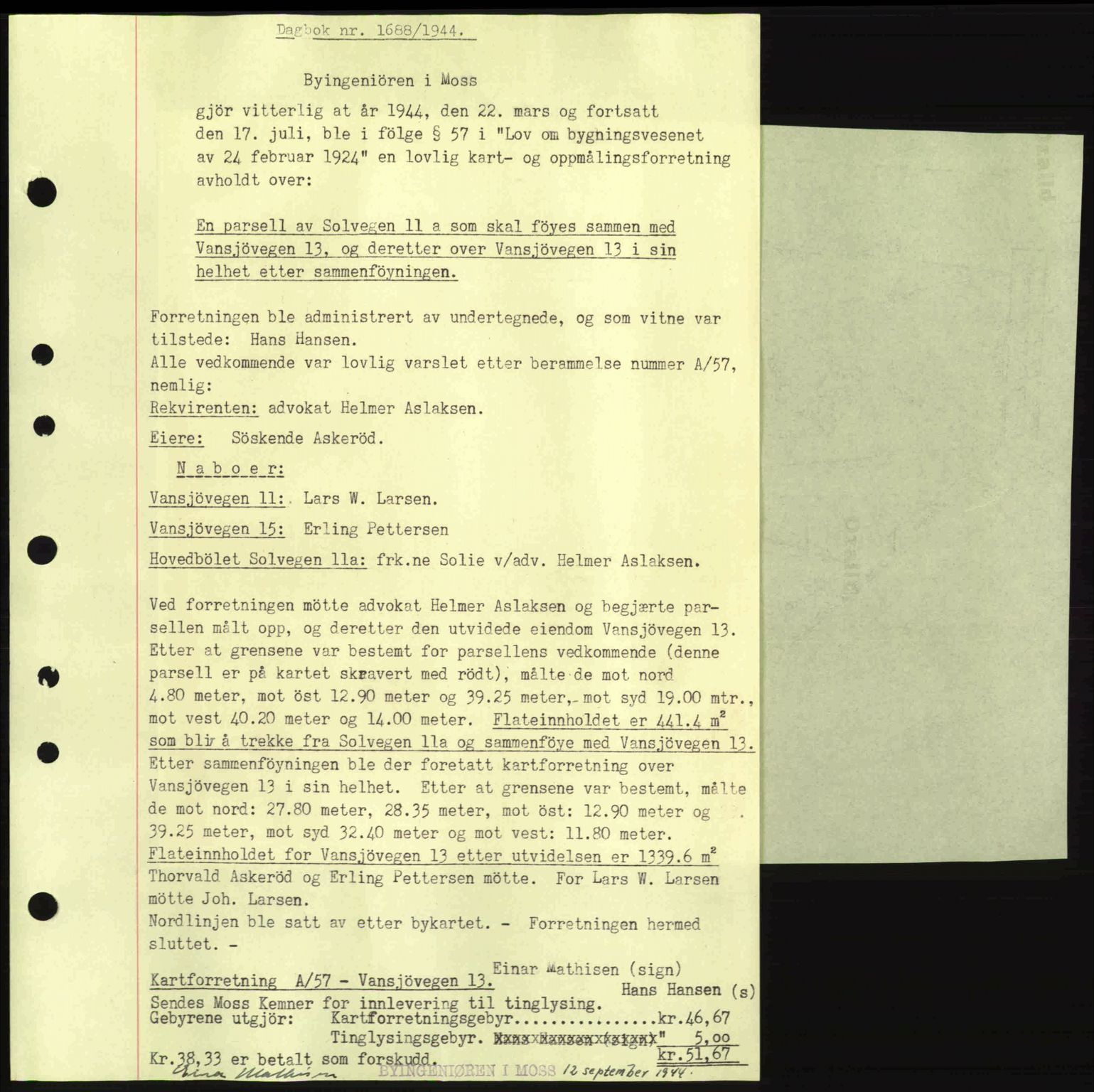 Moss sorenskriveri, SAO/A-10168: Pantebok nr. A13, 1944-1945, Dagboknr: 1688/1944