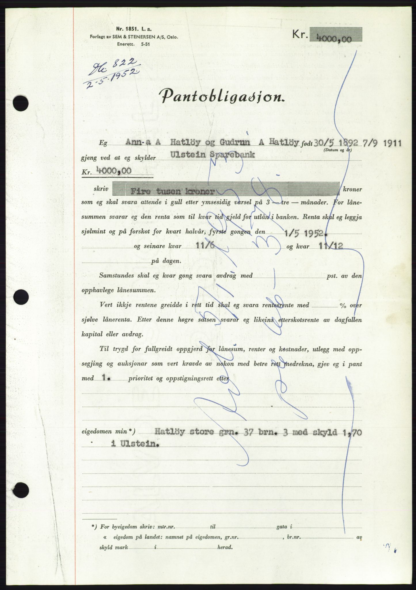 Søre Sunnmøre sorenskriveri, AV/SAT-A-4122/1/2/2C/L0121: Pantebok nr. 9B, 1951-1952, Dagboknr: 822/1952