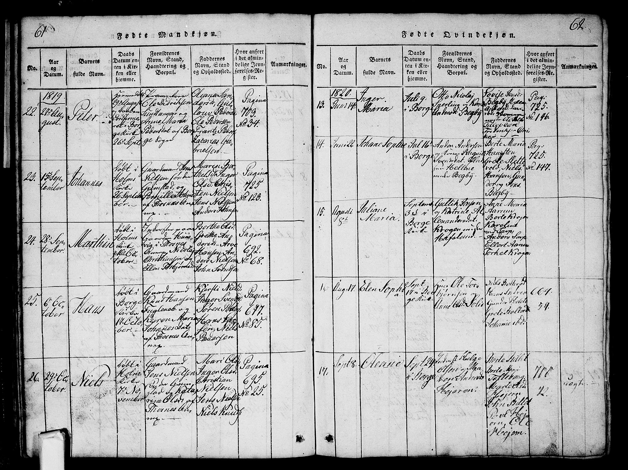 Borge prestekontor Kirkebøker, AV/SAO-A-10903/G/Ga/L0001: Klokkerbok nr.  I 1, 1815-1835, s. 61-62