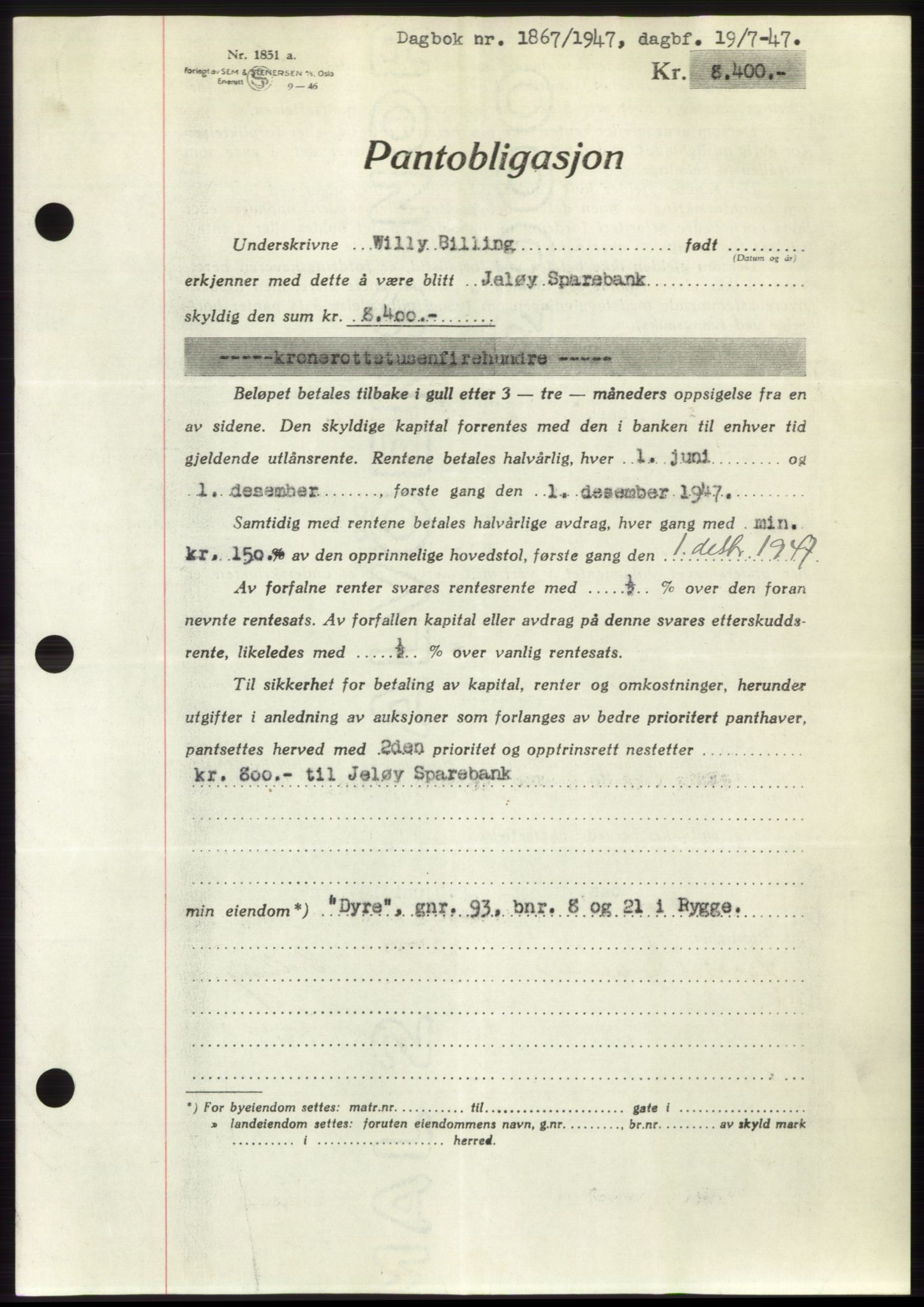 Moss sorenskriveri, SAO/A-10168: Pantebok nr. B17, 1947-1947, Dagboknr: 1867/1947