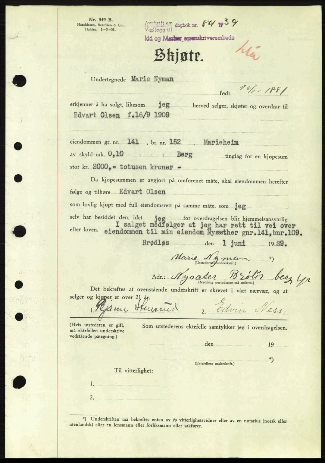Idd og Marker sorenskriveri, AV/SAO-A-10283/G/Gb/Gbb/L0003: Pantebok nr. A3, 1938-1939, Dagboknr: 801/1939