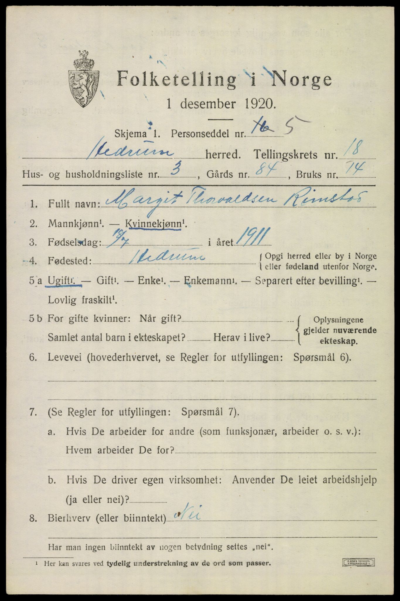 SAKO, Folketelling 1920 for 0727 Hedrum herred, 1920, s. 10827