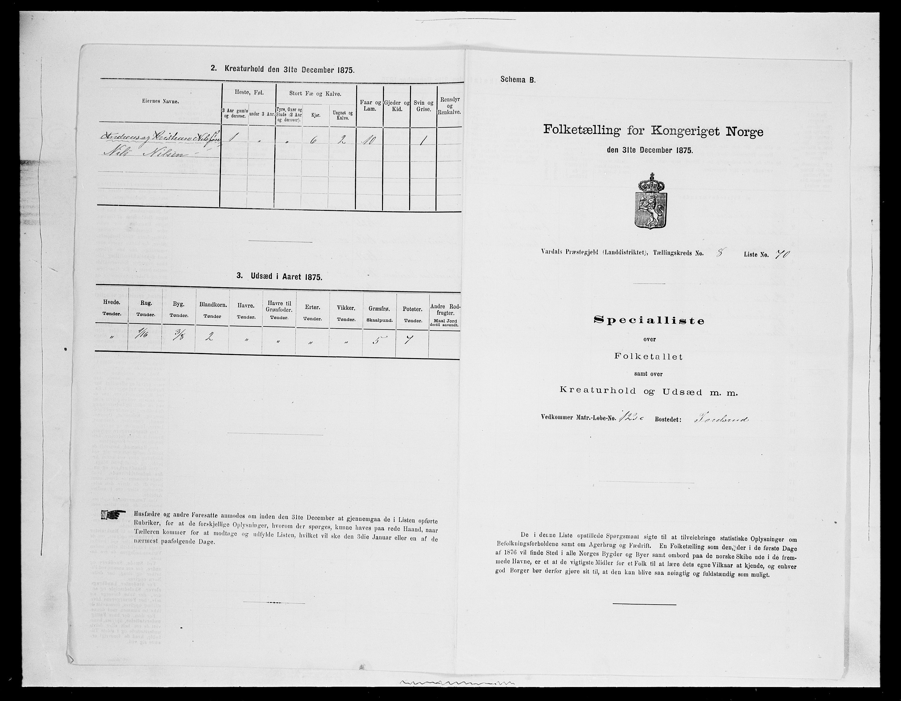 SAH, Folketelling 1875 for 0527L Vardal prestegjeld, Vardal sokn og Hunn sokn, 1875, s. 1262