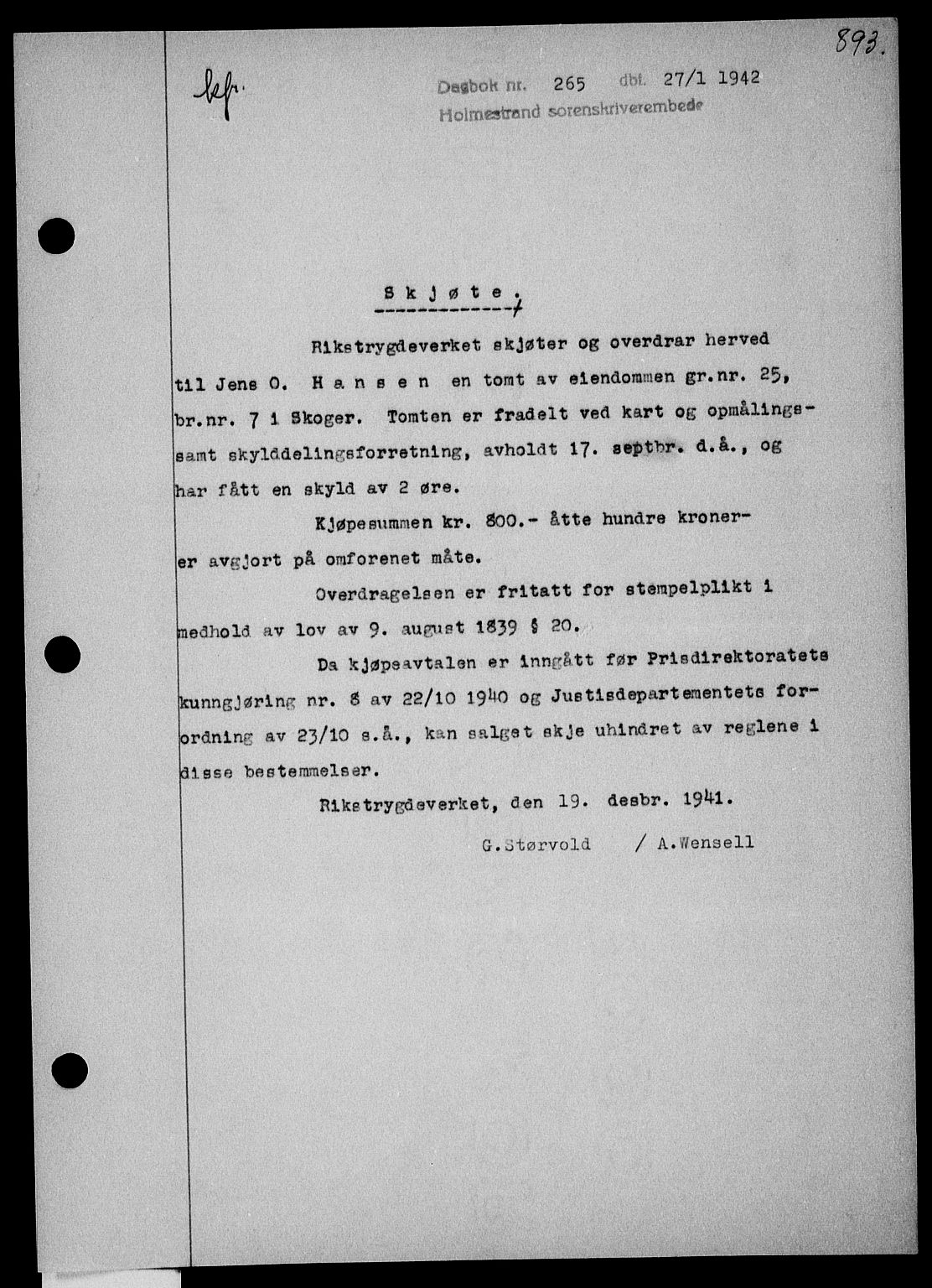 Holmestrand sorenskriveri, SAKO/A-67/G/Ga/Gaa/L0054: Pantebok nr. A-54, 1941-1942, Dagboknr: 265/1942