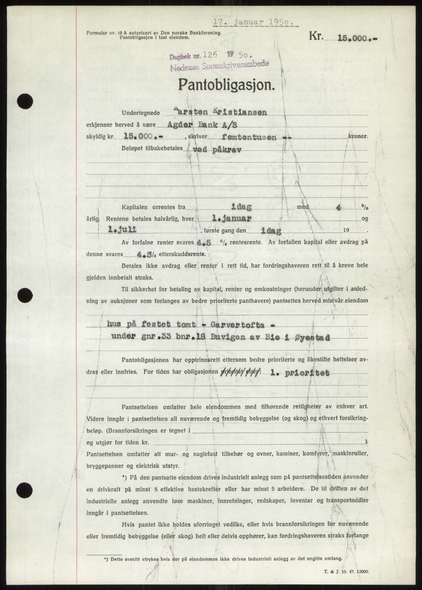 Nedenes sorenskriveri, SAK/1221-0006/G/Gb/Gbb/L0007: Pantebok nr. B7, 1949-1950, Dagboknr: 126/1950