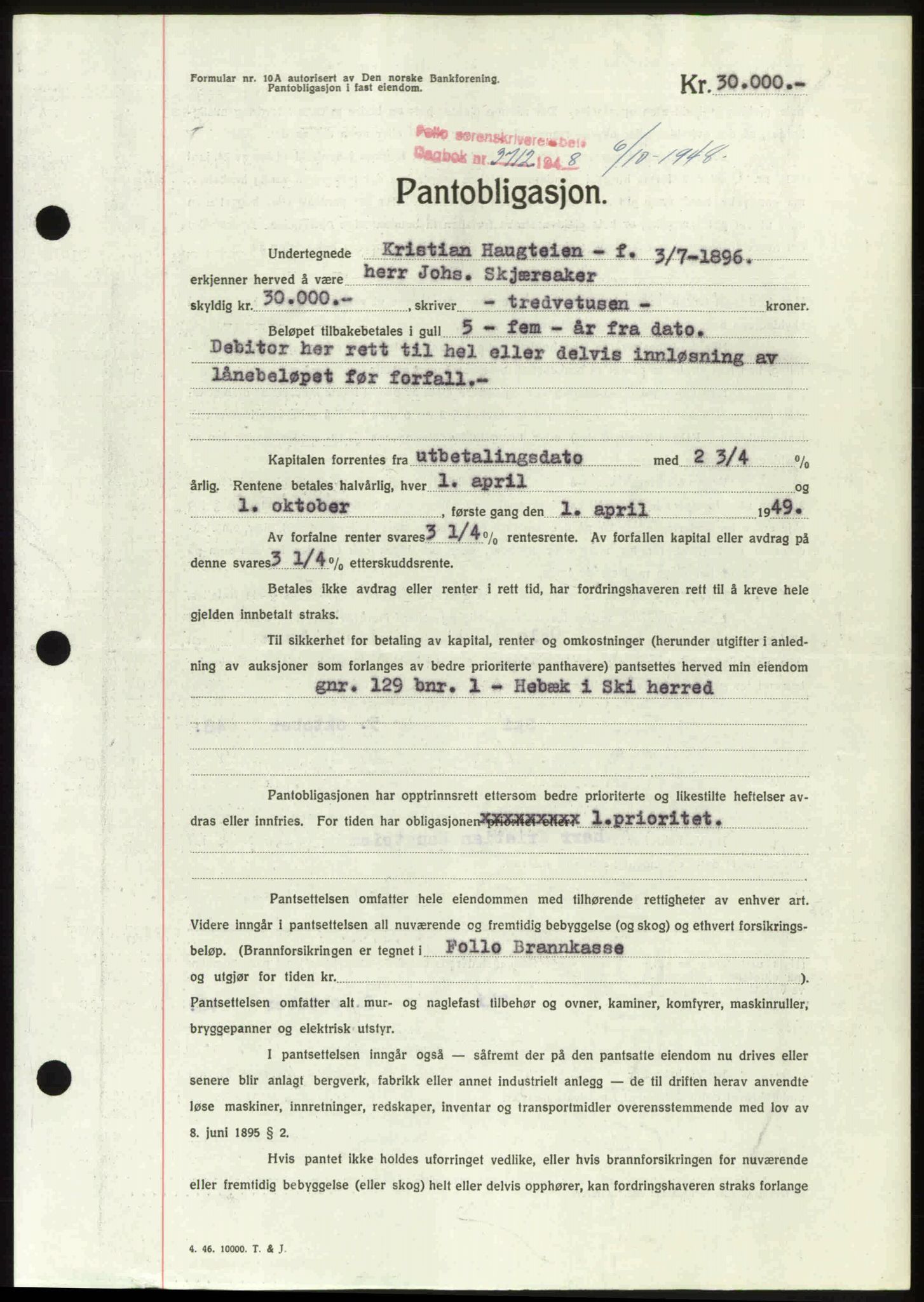 Follo sorenskriveri, SAO/A-10274/G/Ga/Gaa/L0085: Pantebok nr. I 85, 1948-1948, Dagboknr: 3712/1948