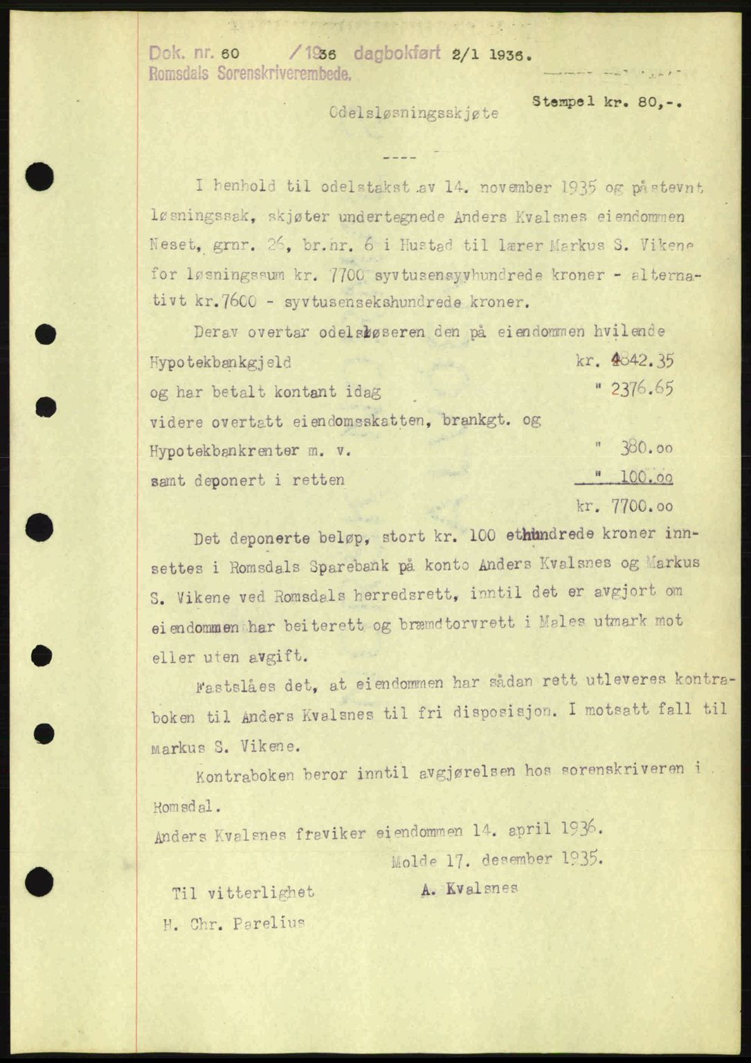 Romsdal sorenskriveri, SAT/A-4149/1/2/2C: Pantebok nr. A1, 1936-1936, Dagboknr: 60/1936