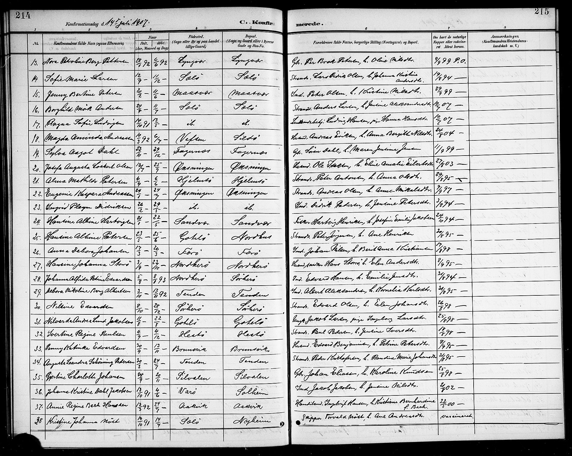 Ministerialprotokoller, klokkerbøker og fødselsregistre - Nordland, AV/SAT-A-1459/834/L0516: Klokkerbok nr. 834C06, 1902-1918, s. 214-215