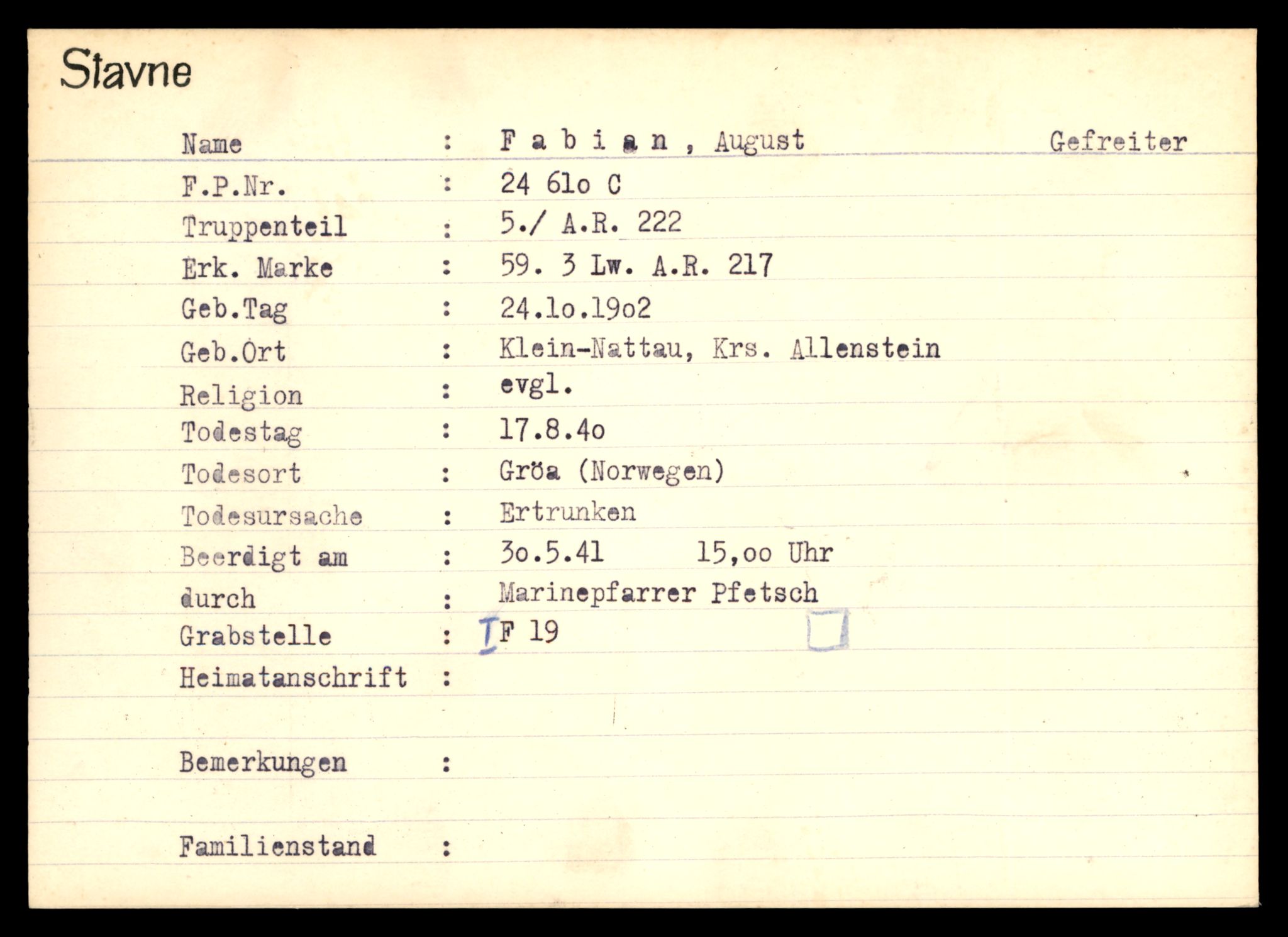 Distriktskontoret for krigsgraver, SAT/A-5030/E/L0003: Kasett/kartotek over tysk Krigskirkegård Stavne, 1945, s. 295