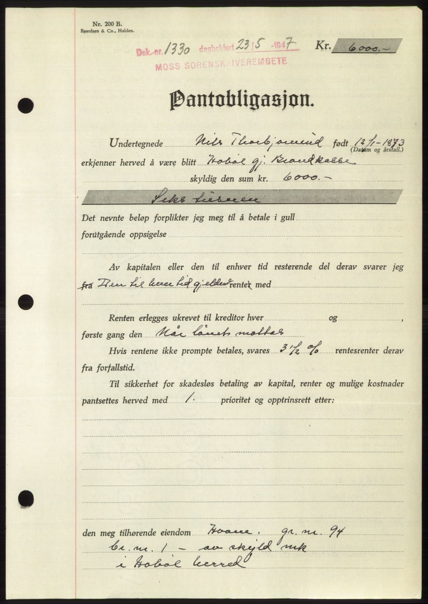 Moss sorenskriveri, SAO/A-10168: Pantebok nr. B17, 1947-1947, Dagboknr: 1330/1947