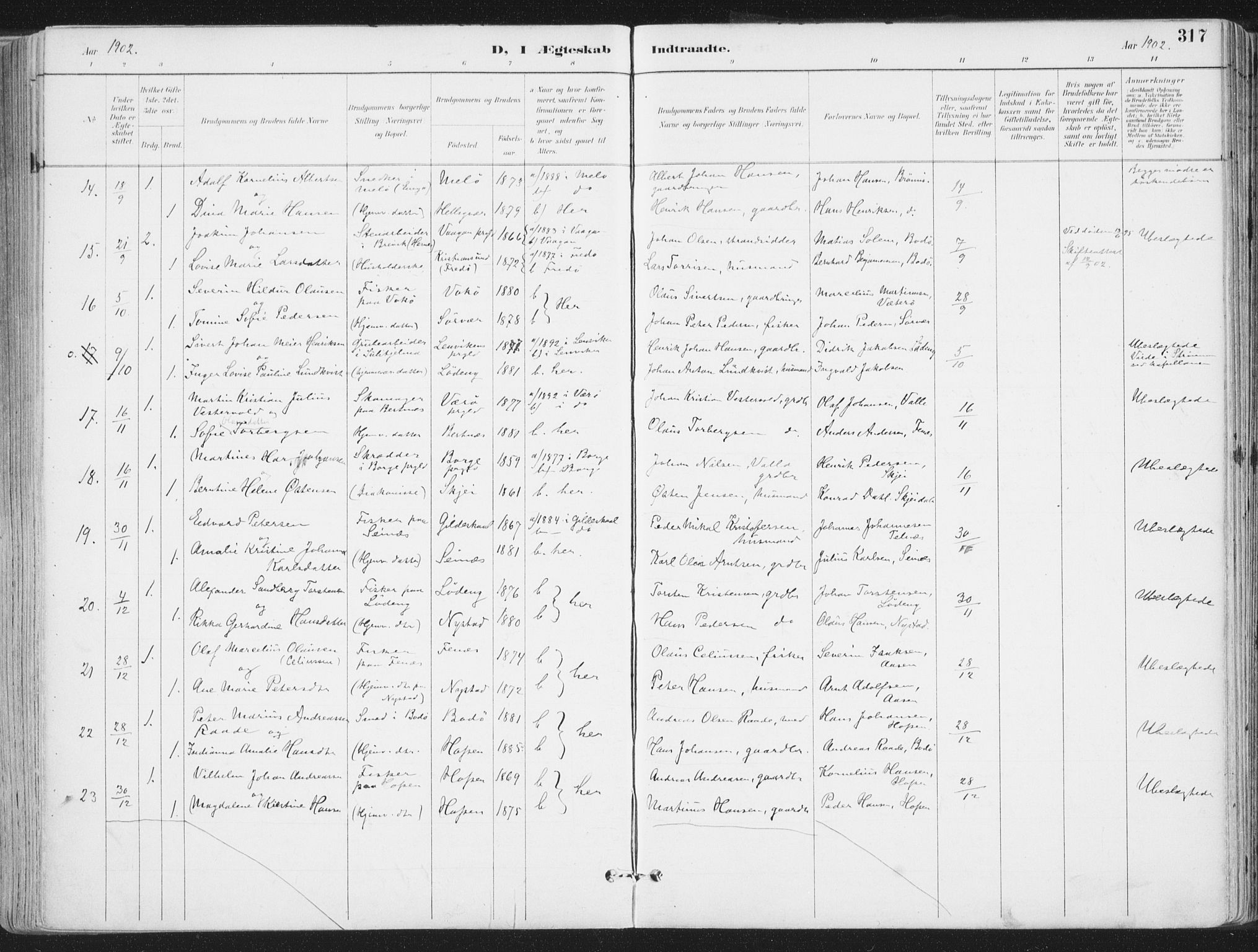 Ministerialprotokoller, klokkerbøker og fødselsregistre - Nordland, AV/SAT-A-1459/802/L0055: Ministerialbok nr. 802A02, 1894-1915, s. 317