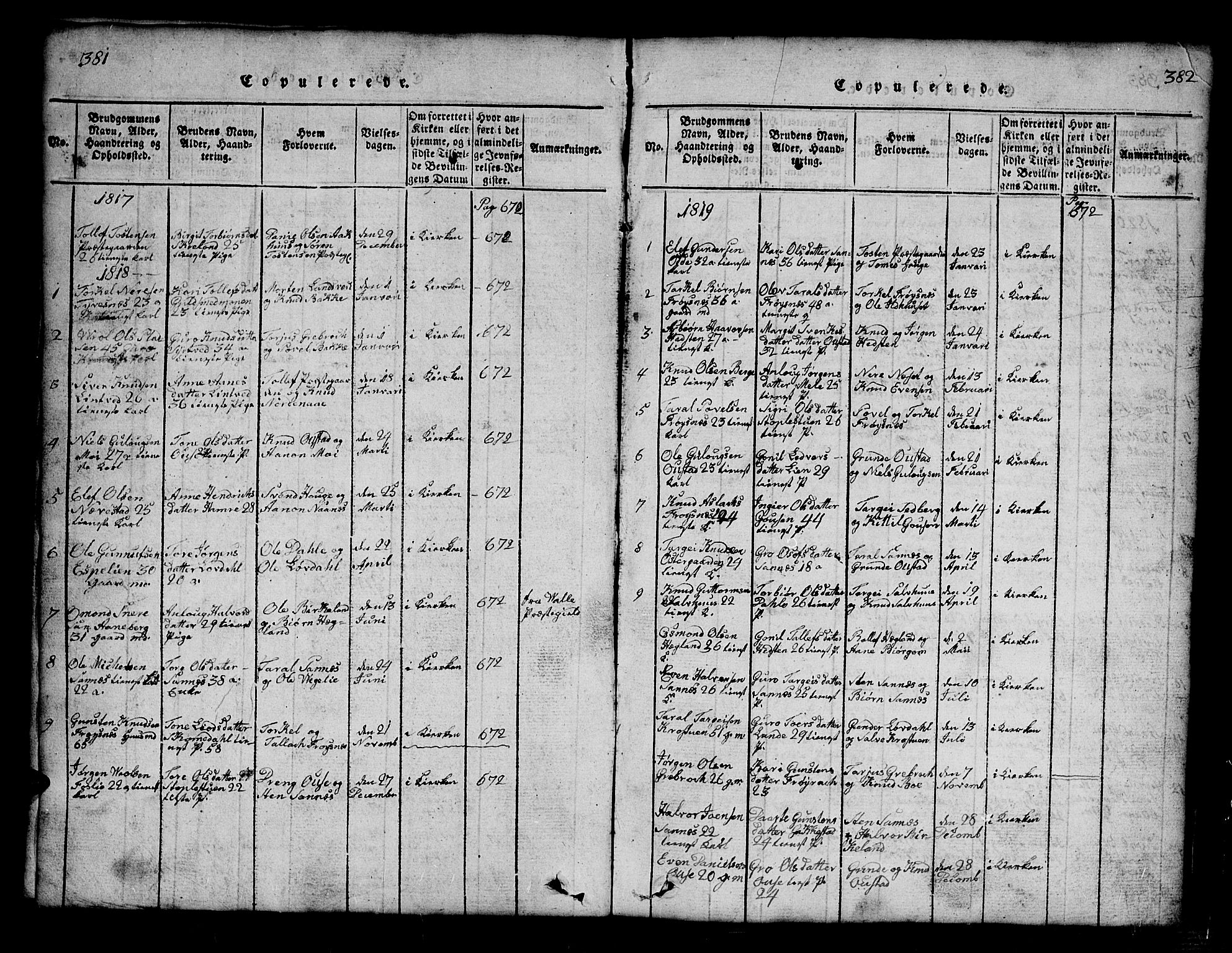Bygland sokneprestkontor, AV/SAK-1111-0006/F/Fb/Fbb/L0001: Klokkerbok nr. B 1, 1816-1843, s. 382-383