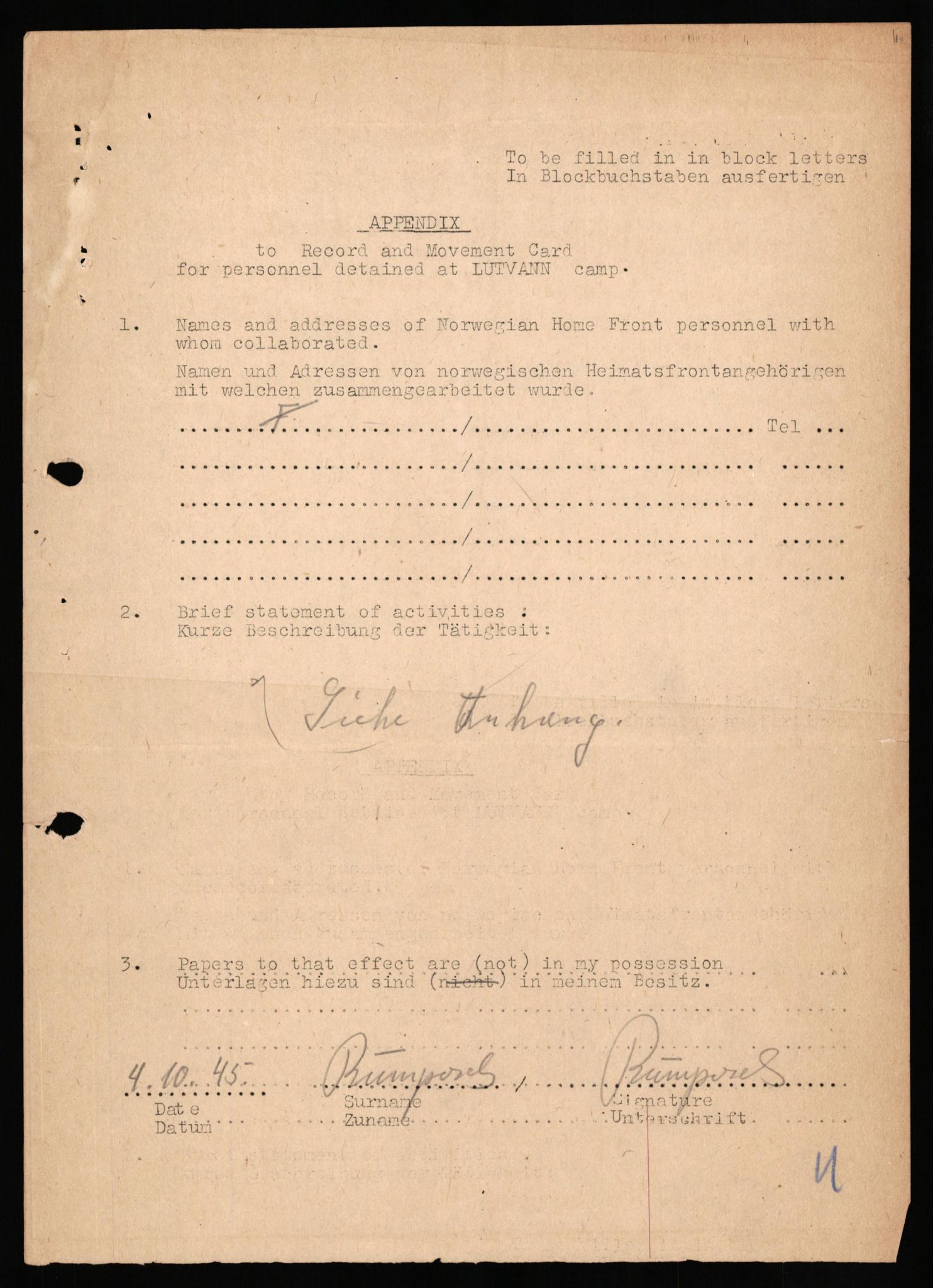 Forsvaret, Forsvarets overkommando II, RA/RAFA-3915/D/Db/L0028: CI Questionaires. Tyske okkupasjonsstyrker i Norge. Tyskere., 1945-1946, s. 245