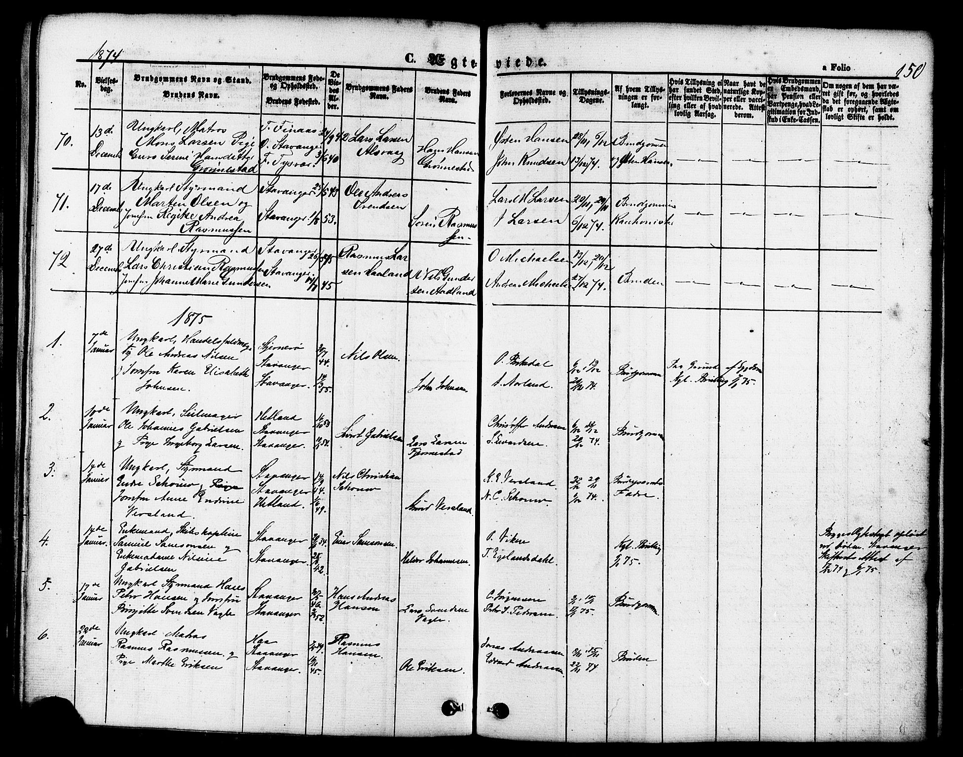 Domkirken sokneprestkontor, AV/SAST-A-101812/001/30/30BB/L0011: Klokkerbok nr. B 11, 1858-1876, s. 150