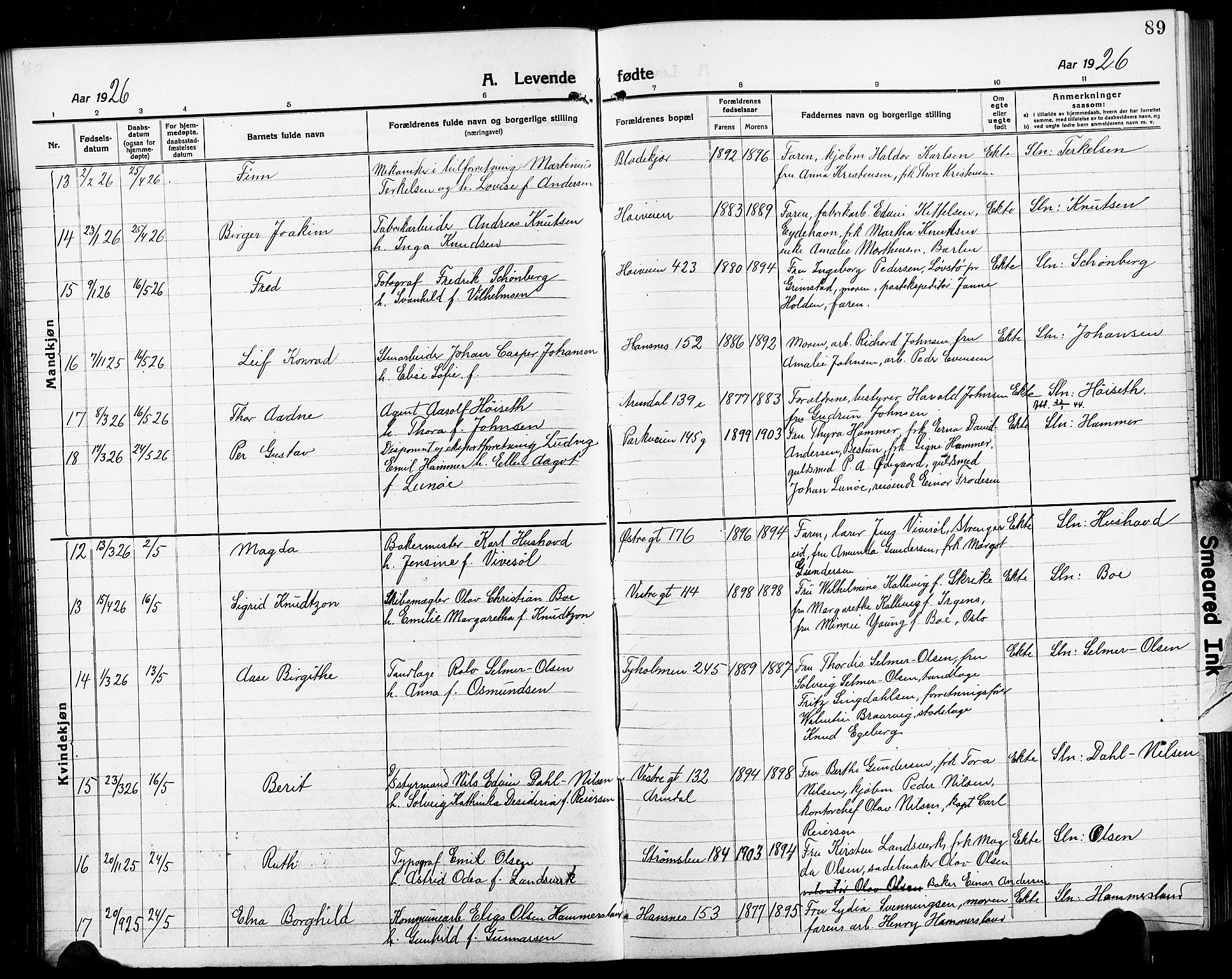 Arendal sokneprestkontor, Trefoldighet, AV/SAK-1111-0040/F/Fb/L0007: Klokkerbok nr. B 7, 1916-1927, s. 89