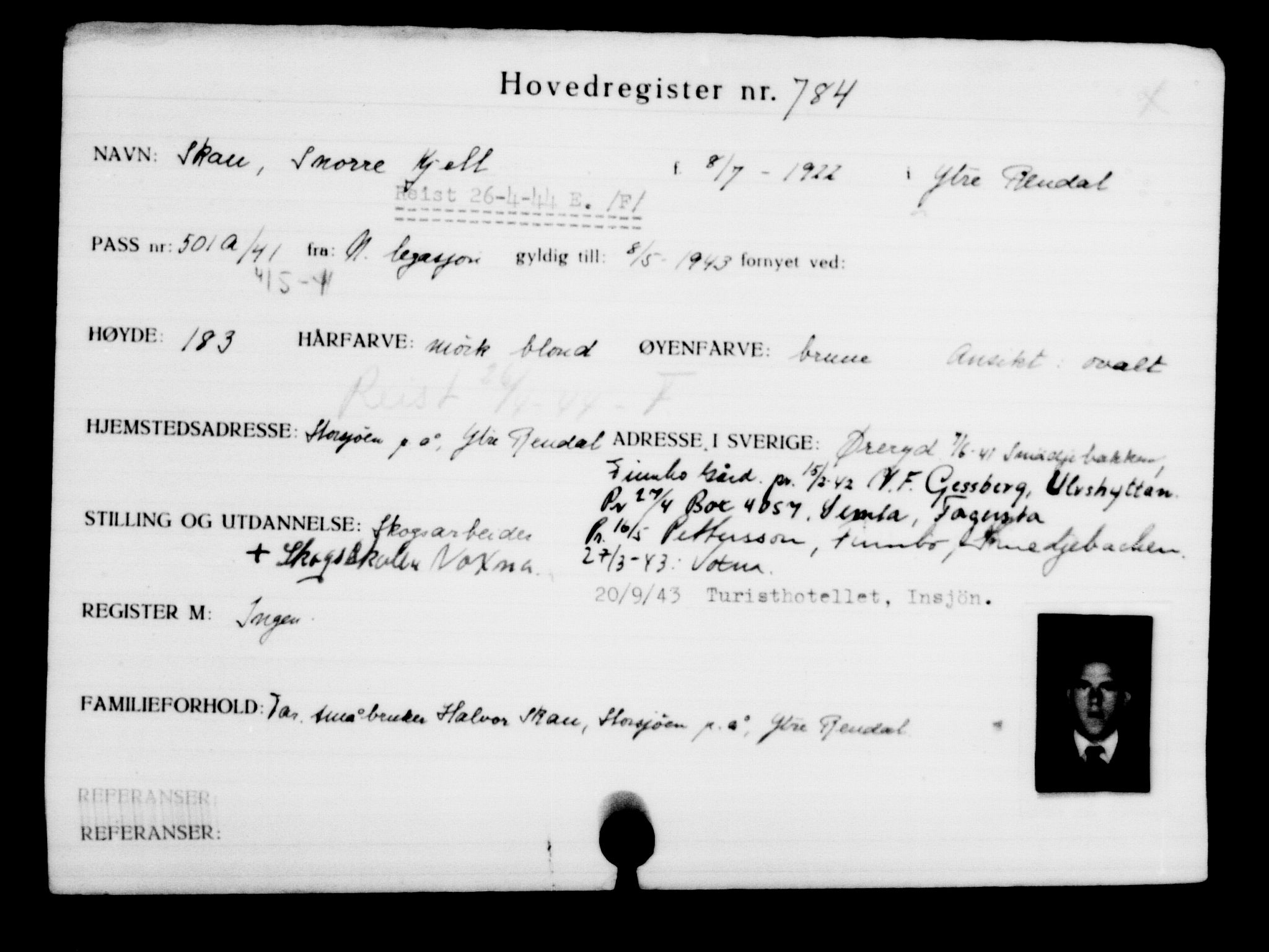 Utenriksstasjonene, Legasjonen i Stockholm, Flyktningkontoret, AV/RA-S-6753/V/Va/L0001: Kjesäterkartoteket, flyktninger med registreringsnr. 1-1000, 1940-1945, s. 1240
