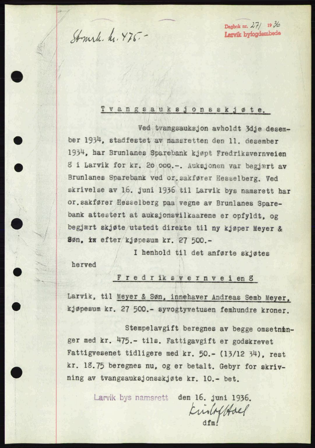Larvik sorenskriveri, SAKO/A-83/G/Ga/Gab/L0067: Pantebok nr. A-1, 1936-1937, Dagboknr: 271/1936