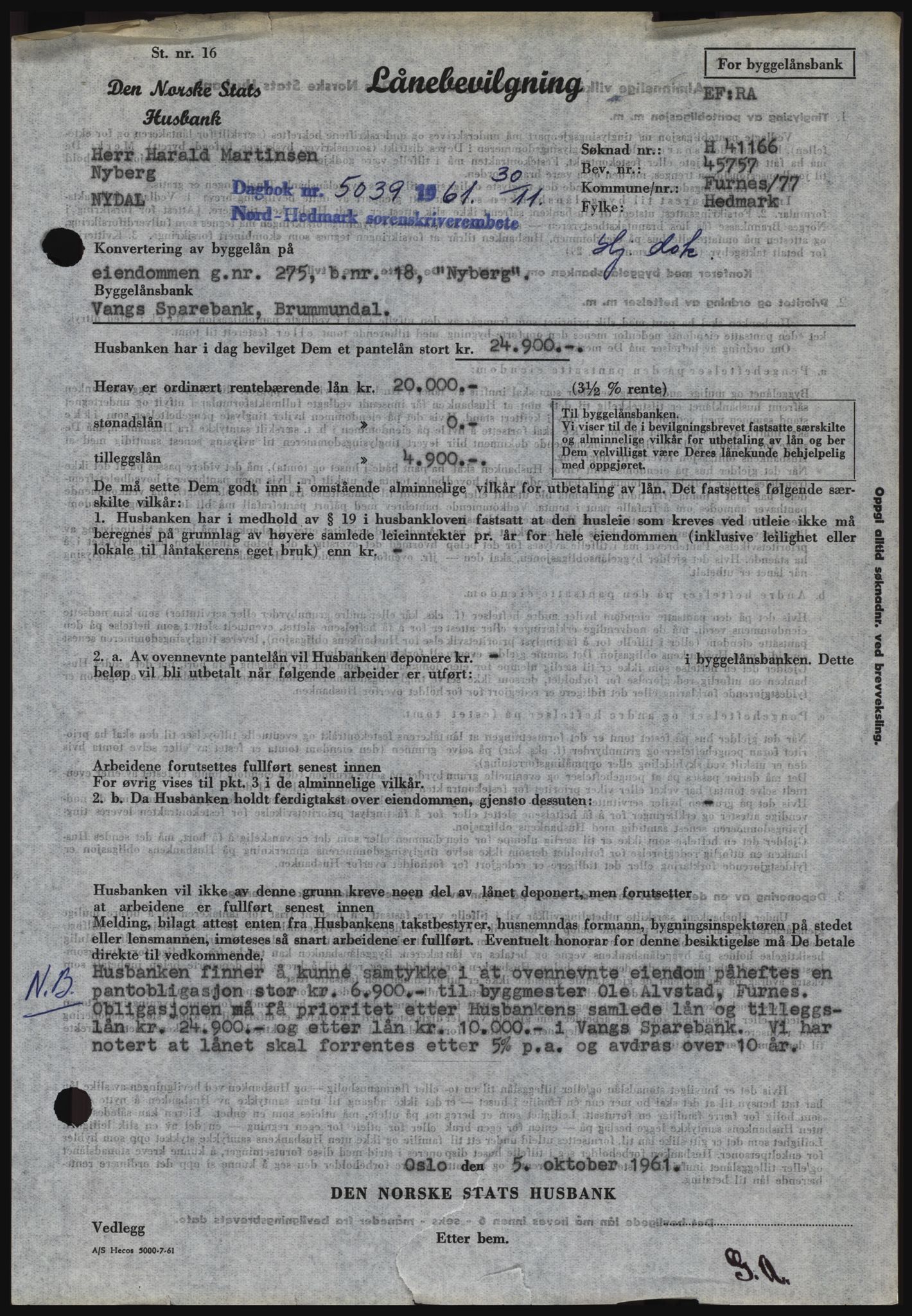 Nord-Hedmark sorenskriveri, SAH/TING-012/H/Hc/L0015: Pantebok nr. 15, 1961-1961, Dagboknr: 5039/1961