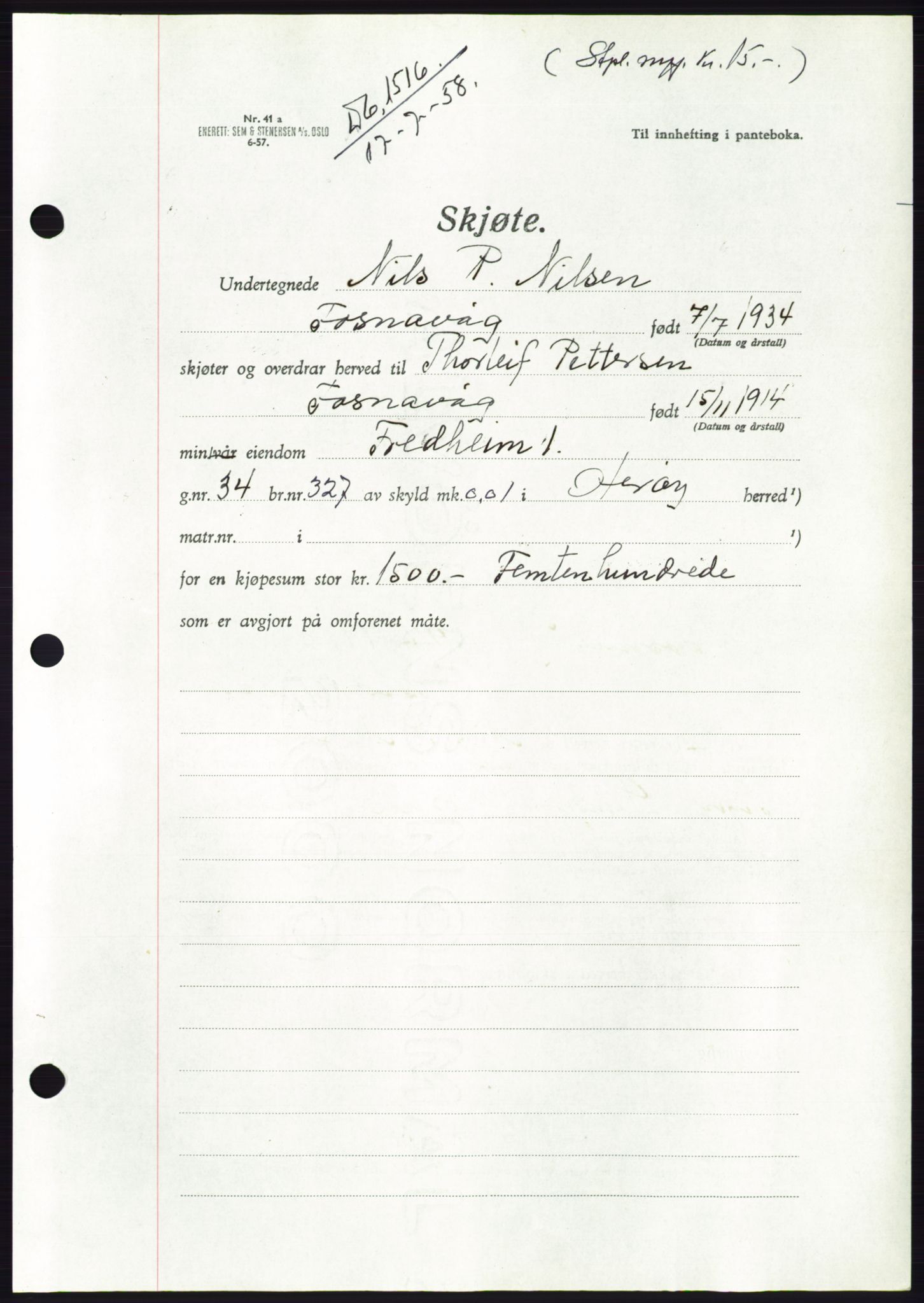 Søre Sunnmøre sorenskriveri, AV/SAT-A-4122/1/2/2C/L0110: Pantebok nr. 36A, 1958-1958, Dagboknr: 1516/1958