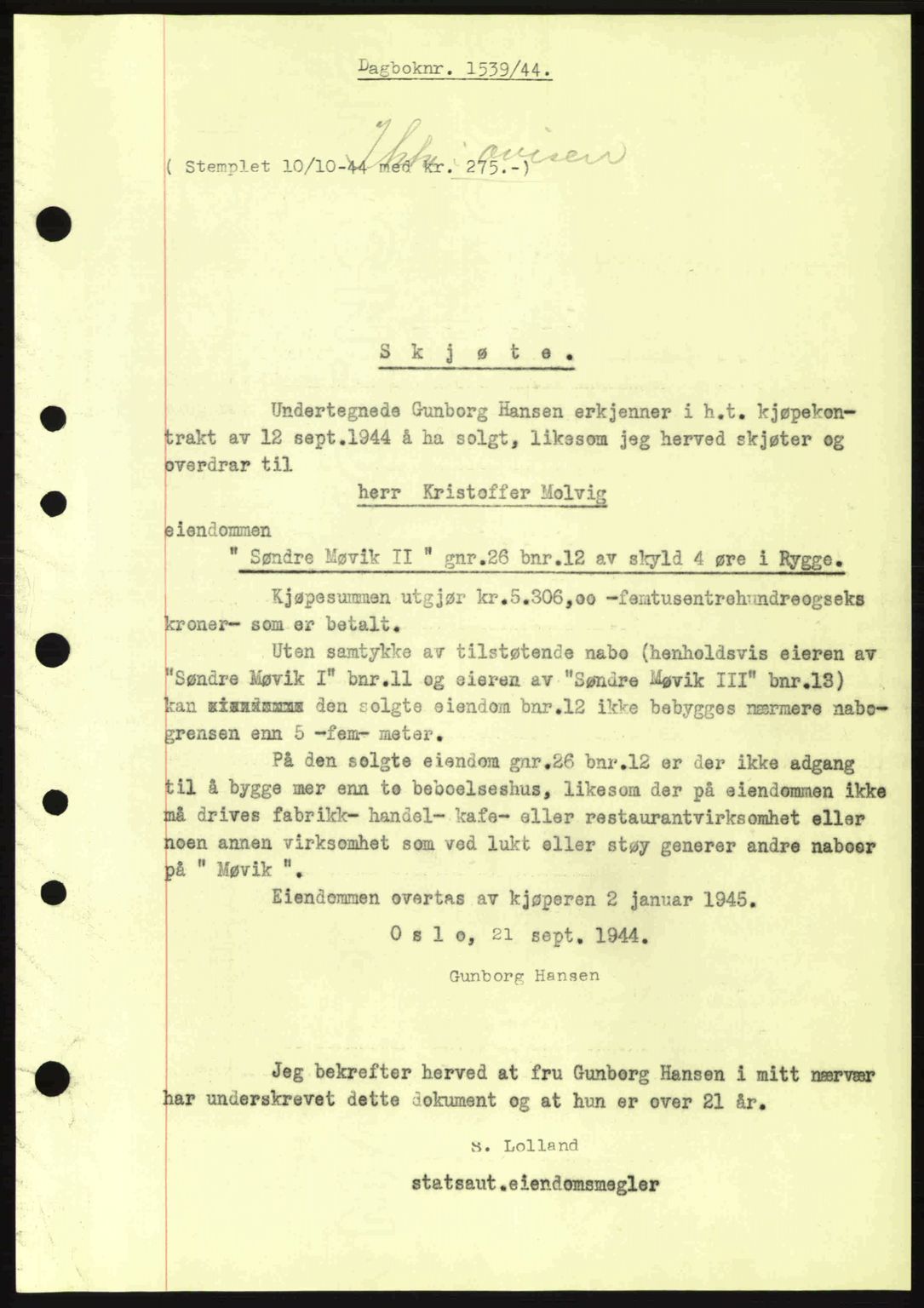 Moss sorenskriveri, SAO/A-10168: Pantebok nr. A13, 1944-1945, Dagboknr: 1539/1944