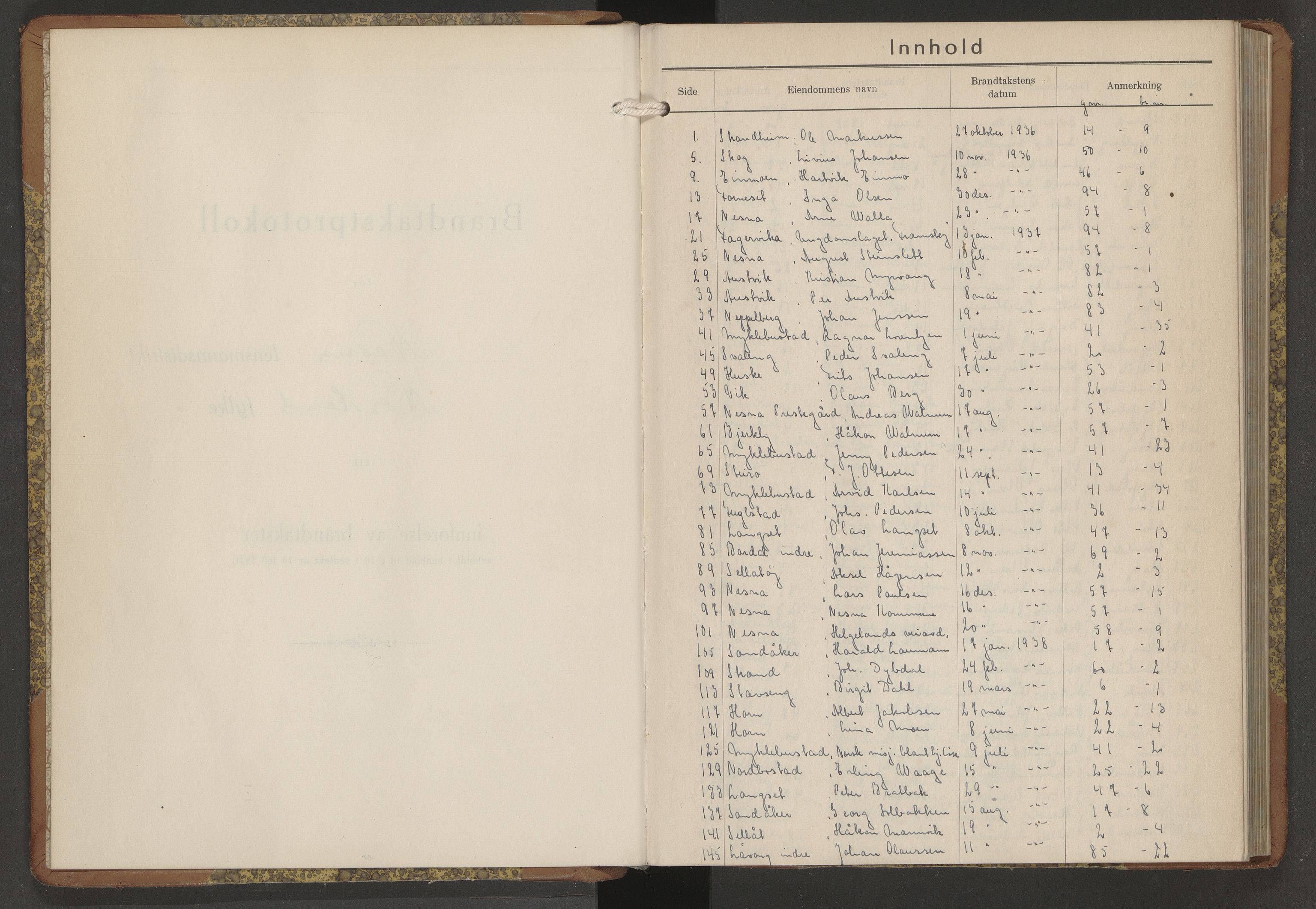 Norges Brannkasse Nesna, AV/SAT-A-5575/Fb/L0009: Branntakstprotokoll, 1936-1942