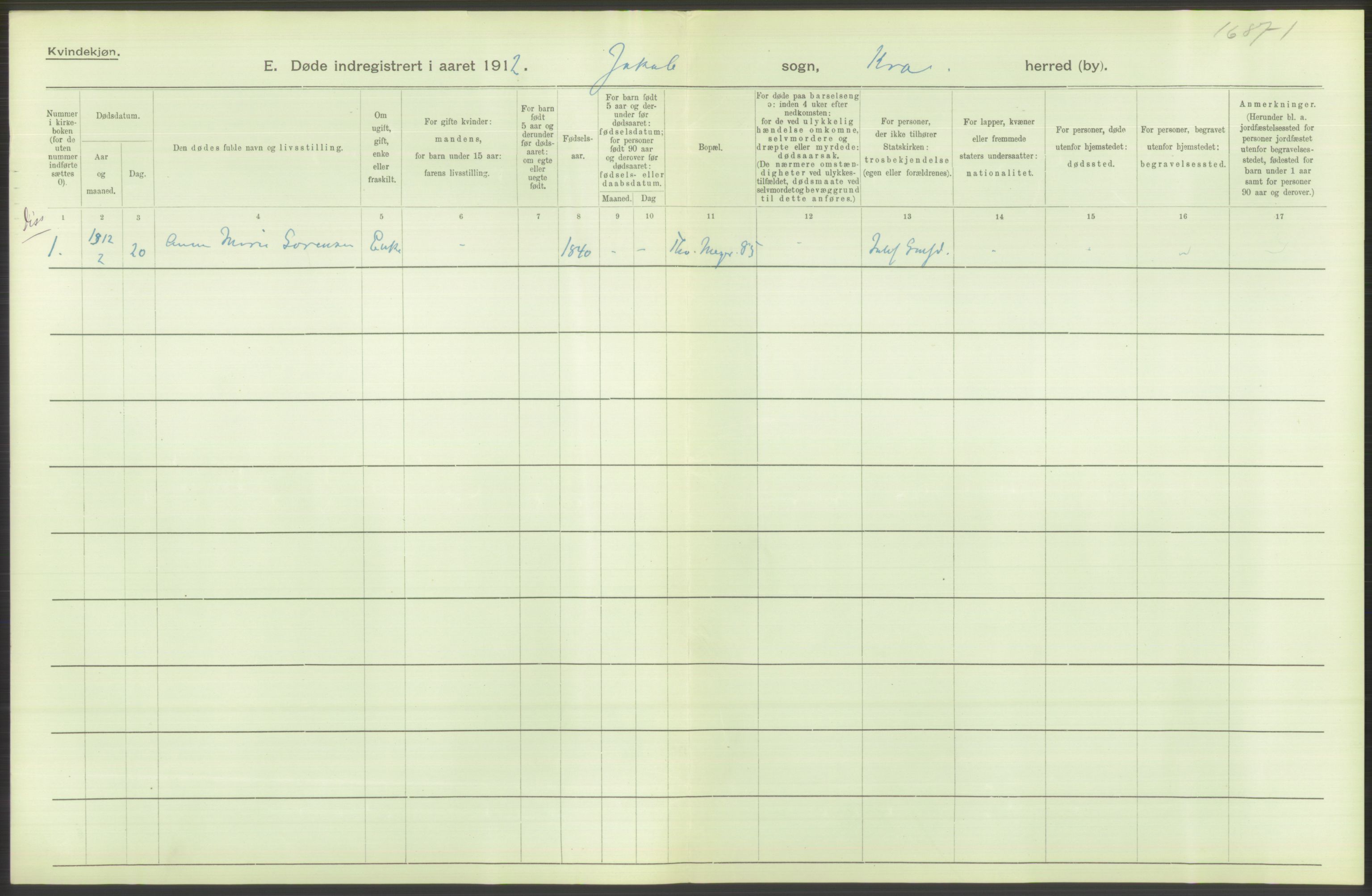 Statistisk sentralbyrå, Sosiodemografiske emner, Befolkning, AV/RA-S-2228/D/Df/Dfb/Dfbb/L0010: Kristiania: Døde, dødfødte, 1912, s. 44