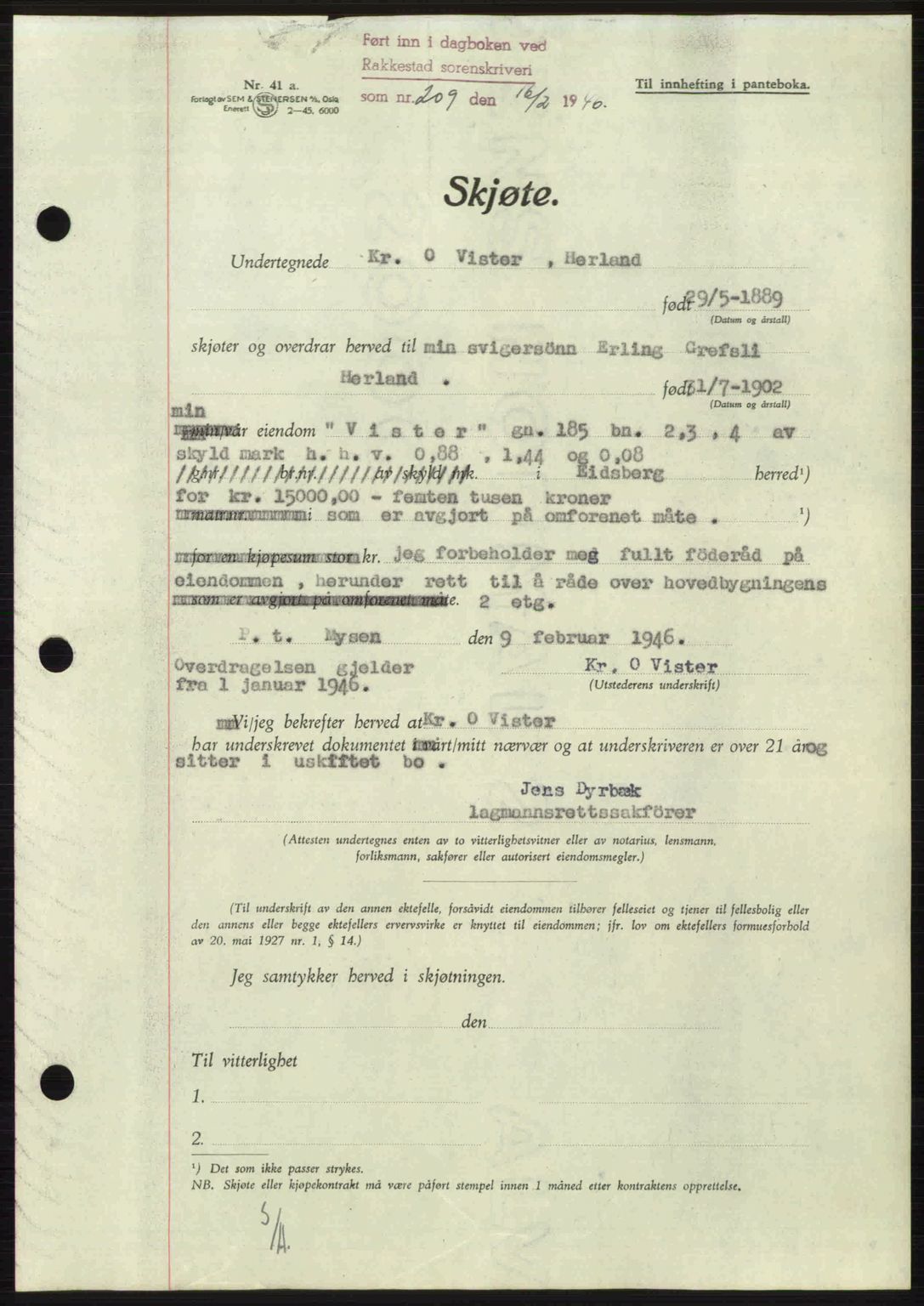 Rakkestad sorenskriveri, AV/SAO-A-10686/G/Gb/Gba/Gbab/L0012a: Pantebok nr. A12 I, 1945-1946, Dagboknr: 209/1946