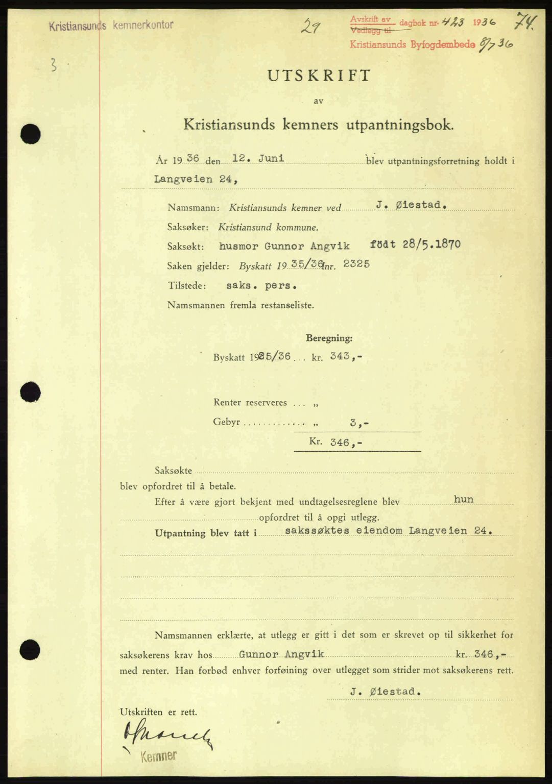 Kristiansund byfogd, SAT/A-4587/A/27: Pantebok nr. 29, 1936-1937, Dagboknr: 423/1936
